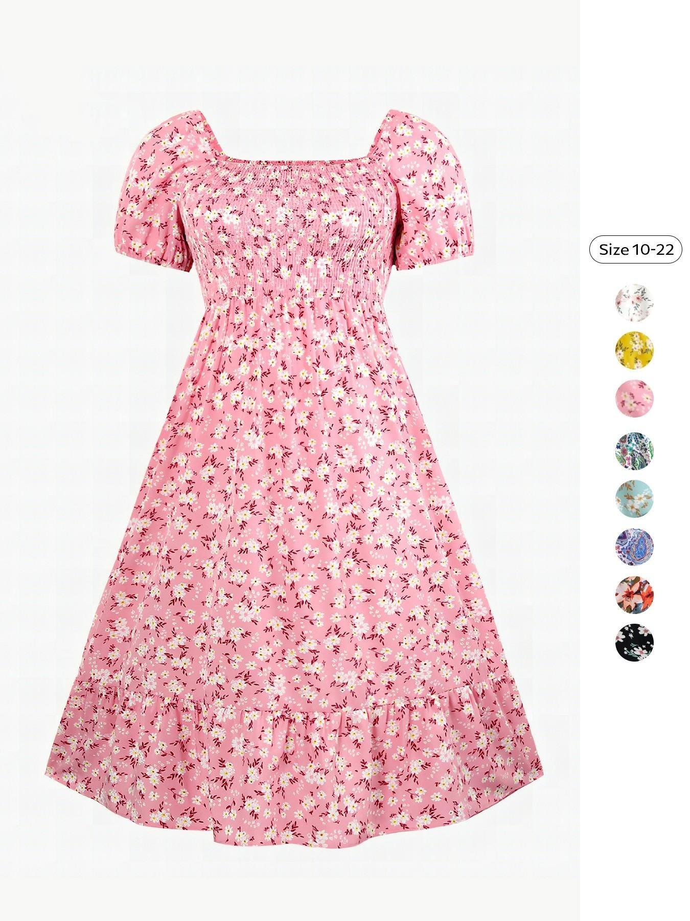 Women's Airy Elegant Chic Aesthetic Boho Style Allover Floral Print Scoop Neck Short Sleeve Pleated Maxi Dress for Summer