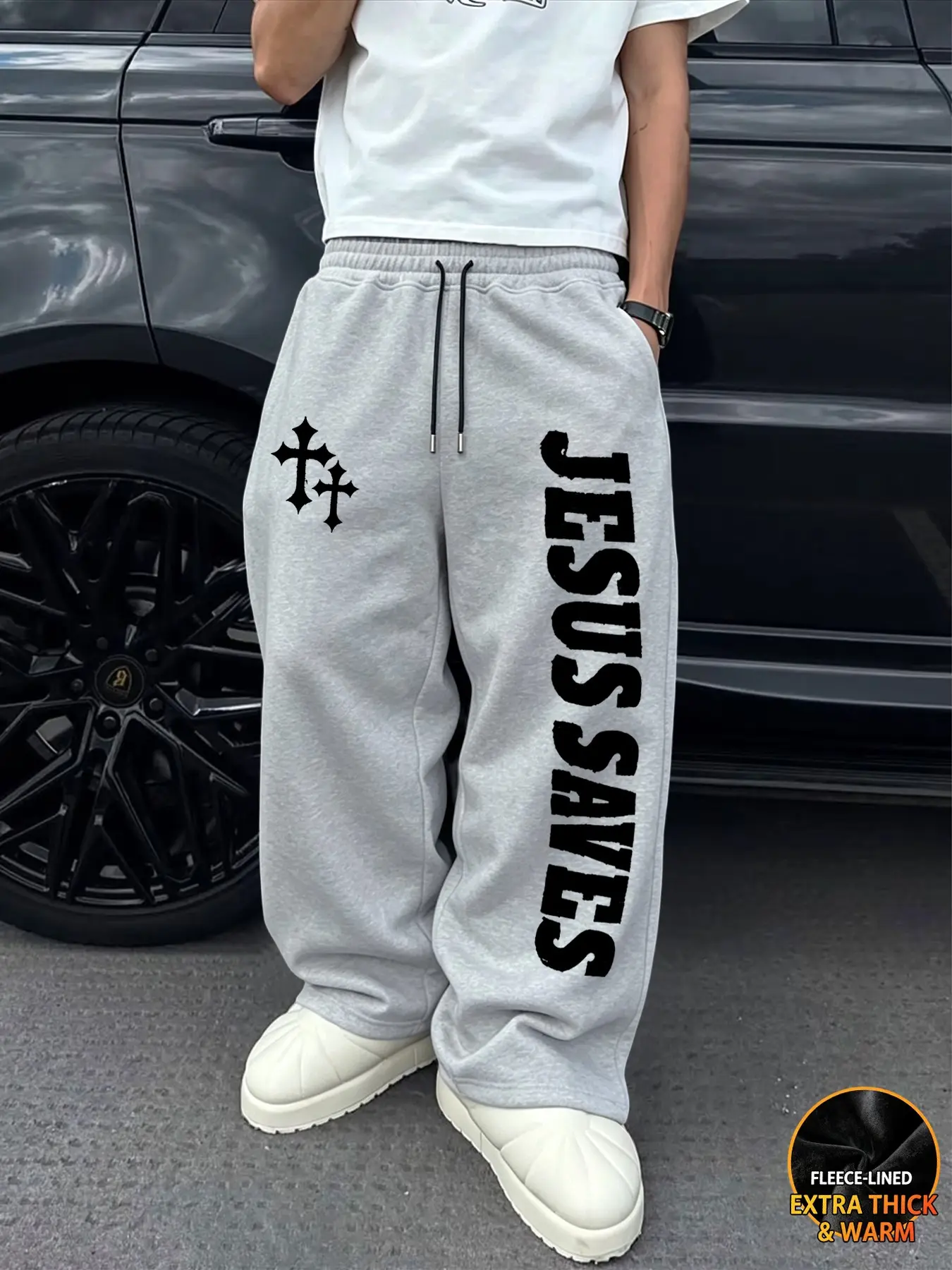 Men's Fall Winter Fleece Wide Leg Sweatpants, Elastic Waist Drawstring, Jesus Saves Print, Thick Fleece Lining, Loose Fit, Casual Style, Casual Fashion Sweatpants
