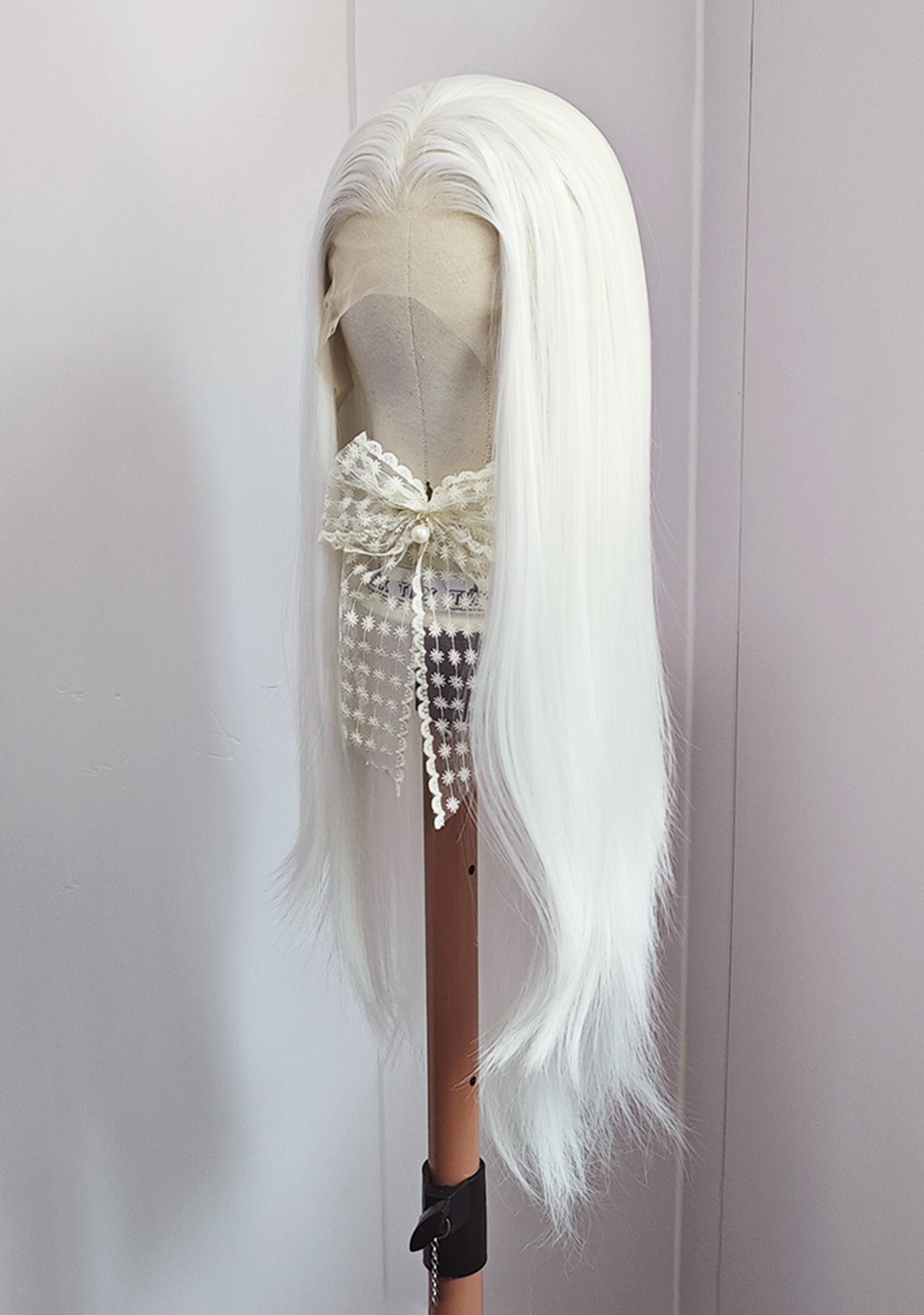 White Wig for Cosplay Long Straight Synthetic Wig Natural Hairline High Quality Heat Resistant White Color Lace Front Wigs Soft White Hair Halloween Makeup for Women Man Use 26 inch Straight Hair