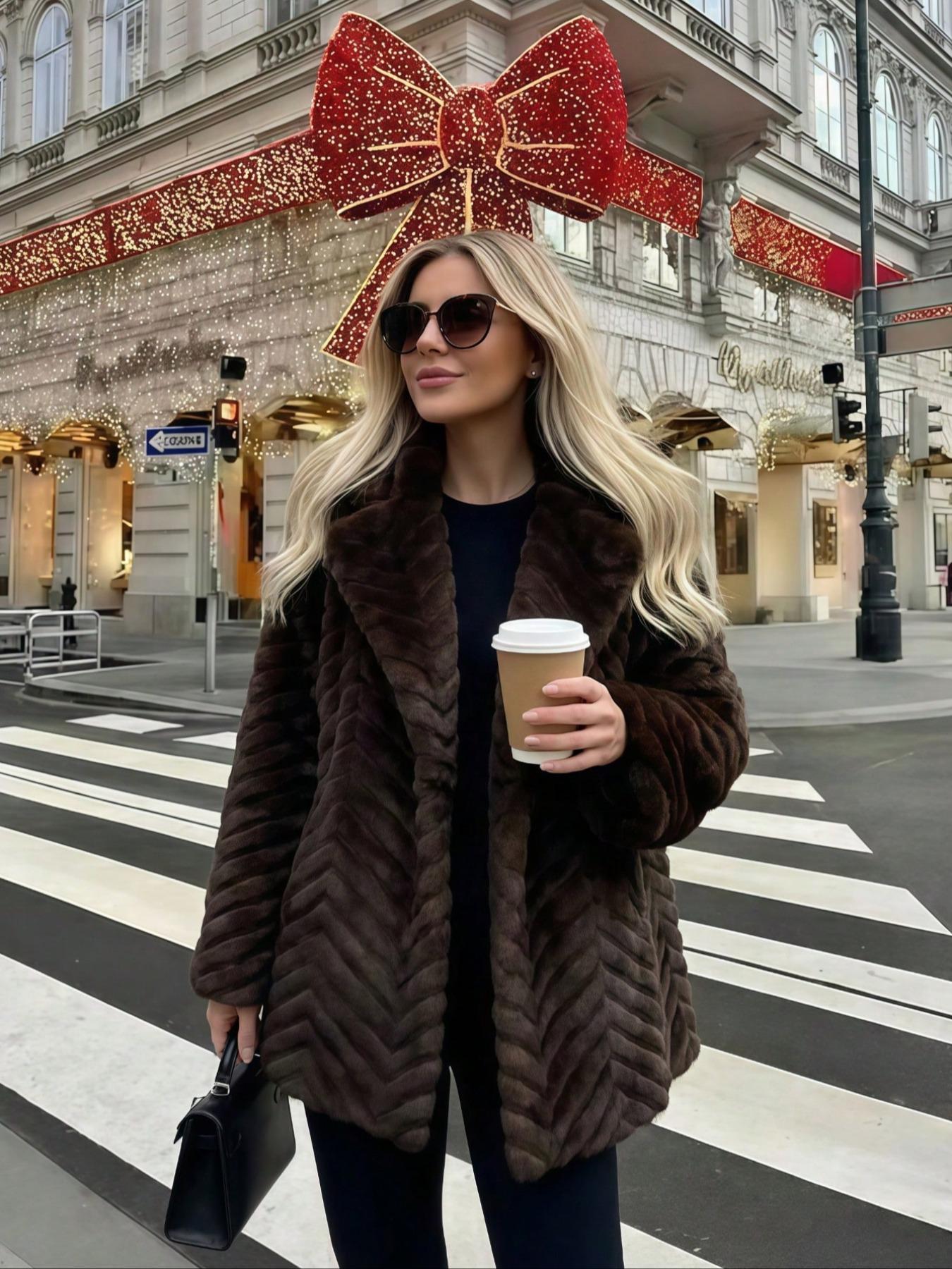 Women's Winter New Faux Fur Jacket Coat, Vintage Loose Fit Long Sleeve Stand Collar, Fashionable Daily Wear Outerwear Womenswear