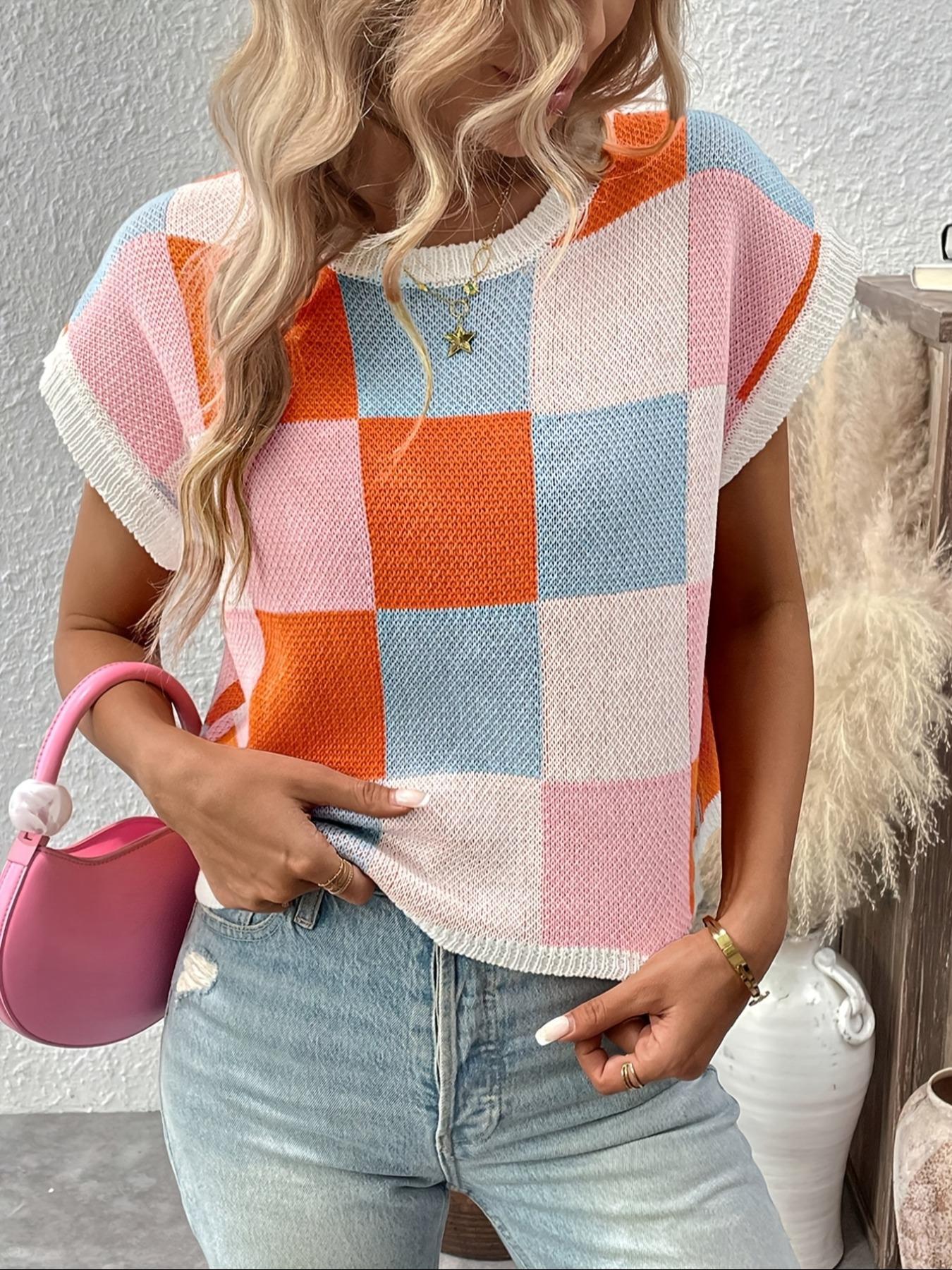 Women's Fashionable Essential Round Neck Sleeveless Fitted Knit Vest Tops, Womenswear, Colorblock Plaid Pattern, Versatile Outdoor Wear, All Seasons Casual Clothing
