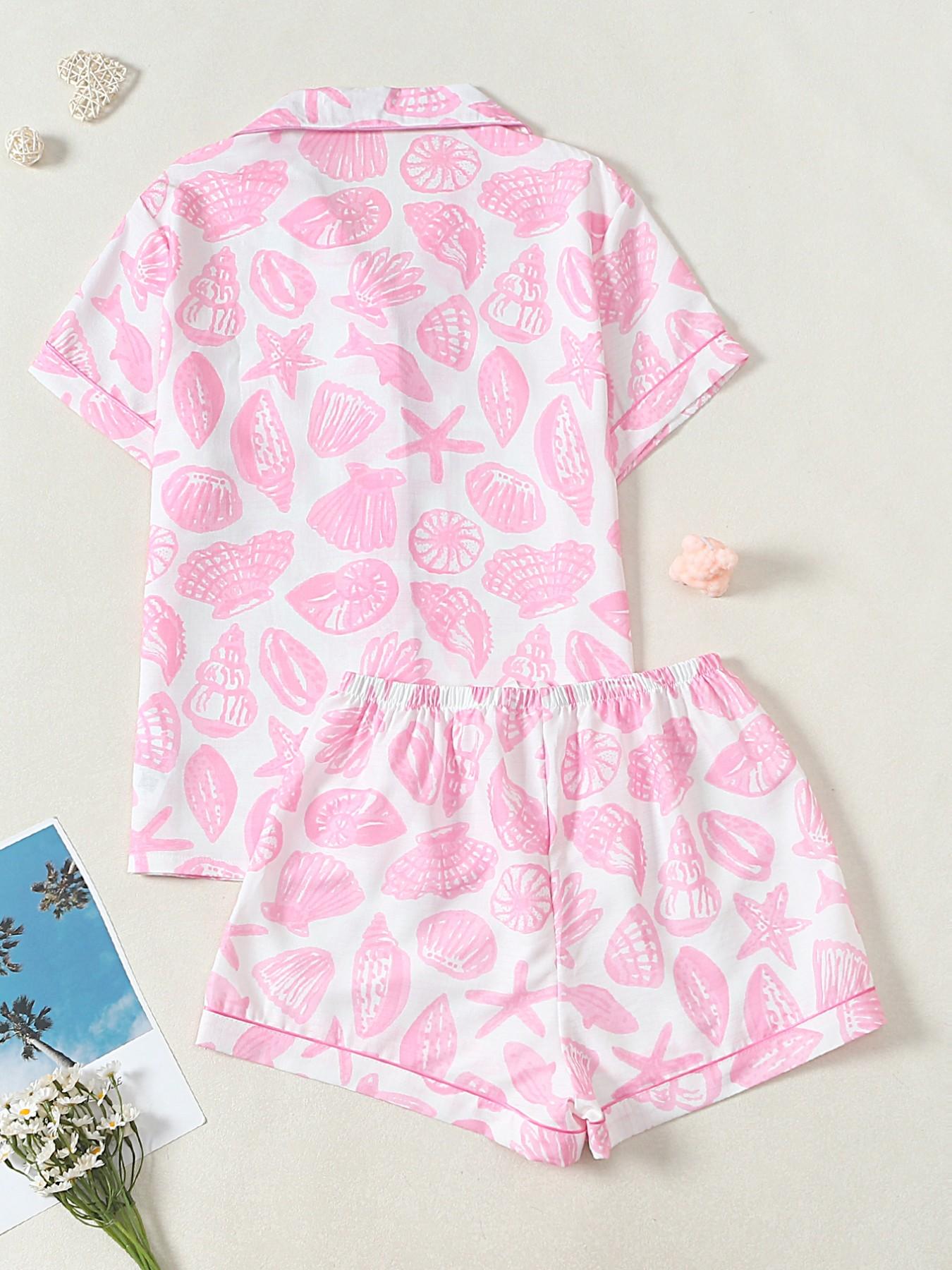 Women's Pajama Set, Shell Starfish Print Loungewear, Short Sleeve Button-Down Shirt & Elastic Waist Shorts, Casual and Comfortable Nightwear for All Seasons, Pyjamas Set