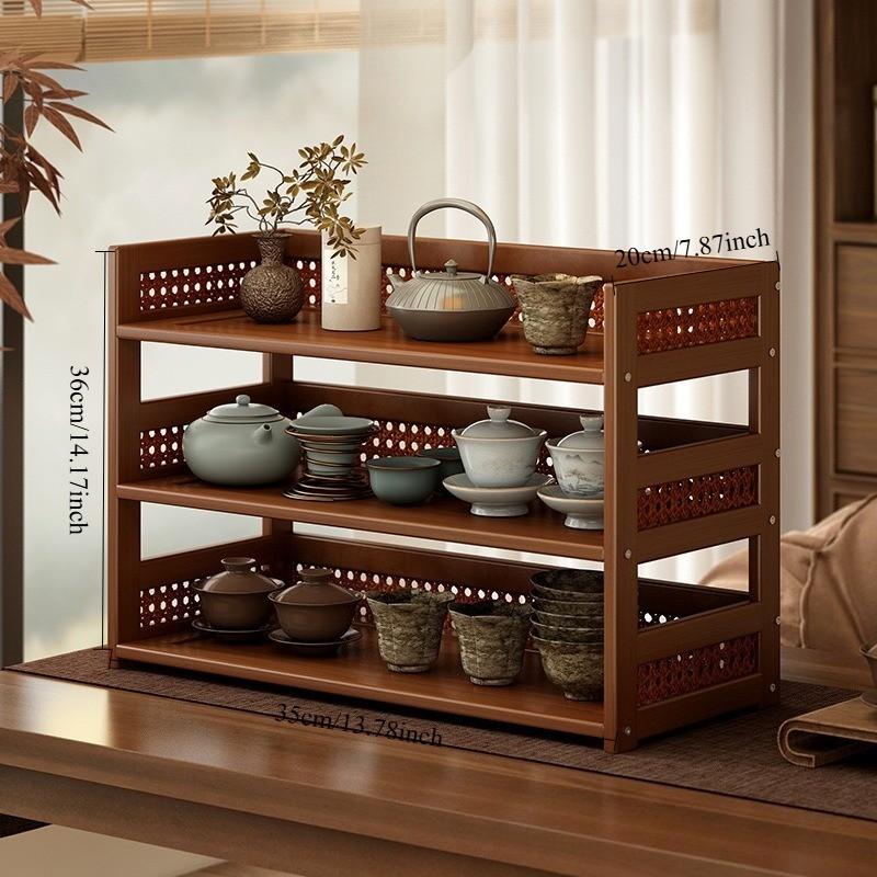 Tabletop Cup Holder Storage Display Rack, Tea Set Cups Water Glasses Coffee Mugs Organizer, Kitchen Counter Shelf, Bamboo Wood Stand