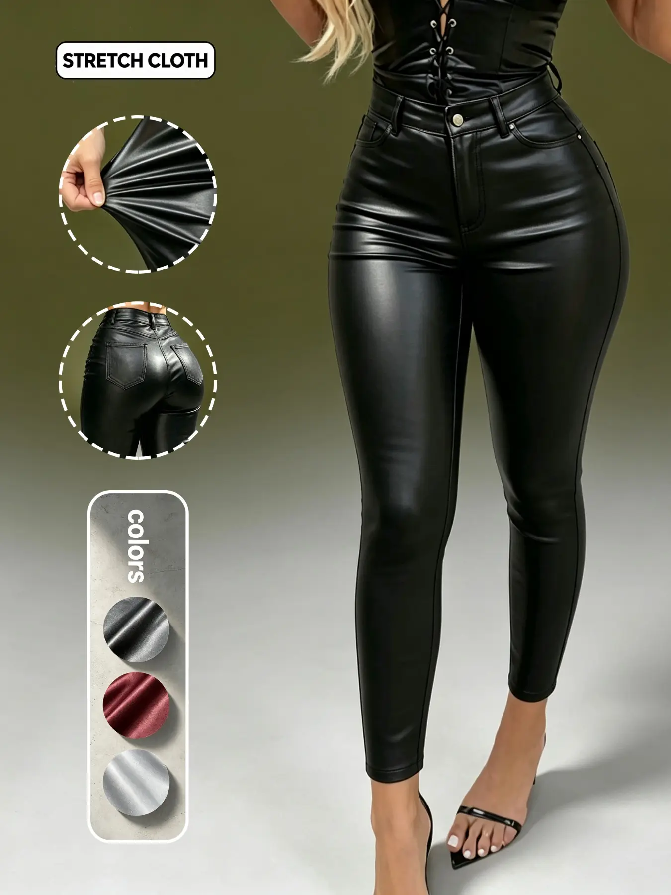 Trendy PU Leather Pants, High Waist Stretch Faux Leather Tight Fit, Casual Ankle-Length Skinny Trousers for All Seasons
