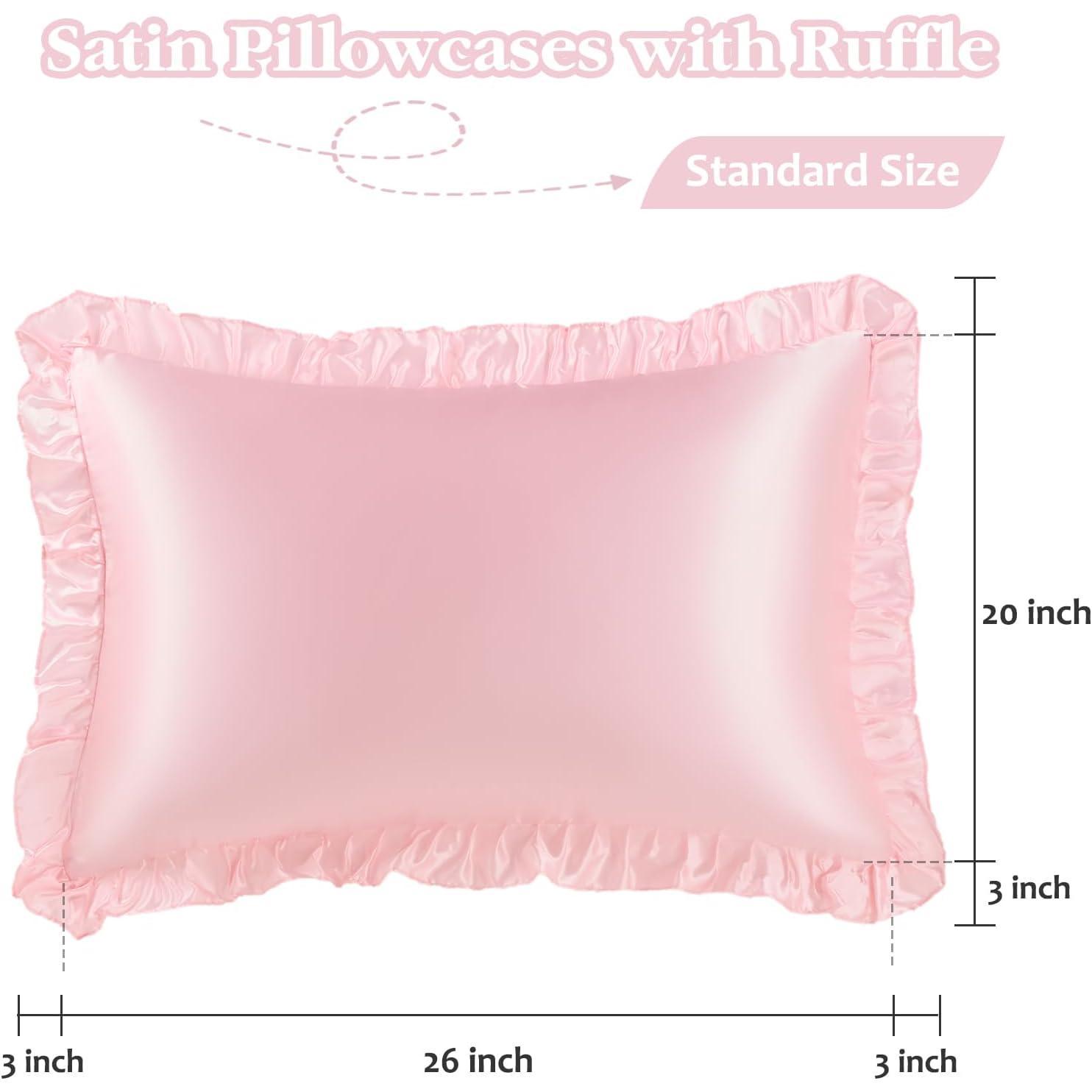 Ruffle Satin Pillowcase Standard Size Set of 2,Imitate Silk Pillow Cases for Hair and  with Envelope Ruffle Closure,Farmhouse Pillow Shams Room Decorative  for Women(20"x26")