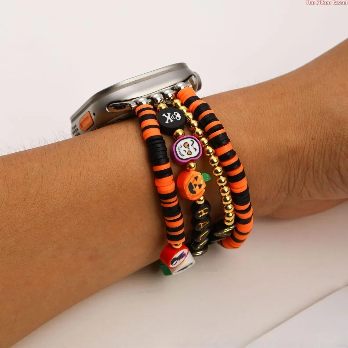 Cute Halloween Heishi Beaded Stretch Watch Strap for Apple Watch All Sizes Ultra 2 SE Series 1-11, Pumpkin Ghost Skull Clay Charm Decorative Jewelry Bracelet Girly Smart Watch Accessory (Watch Excluded, Not For Sports) tiktokshopbacktoschool