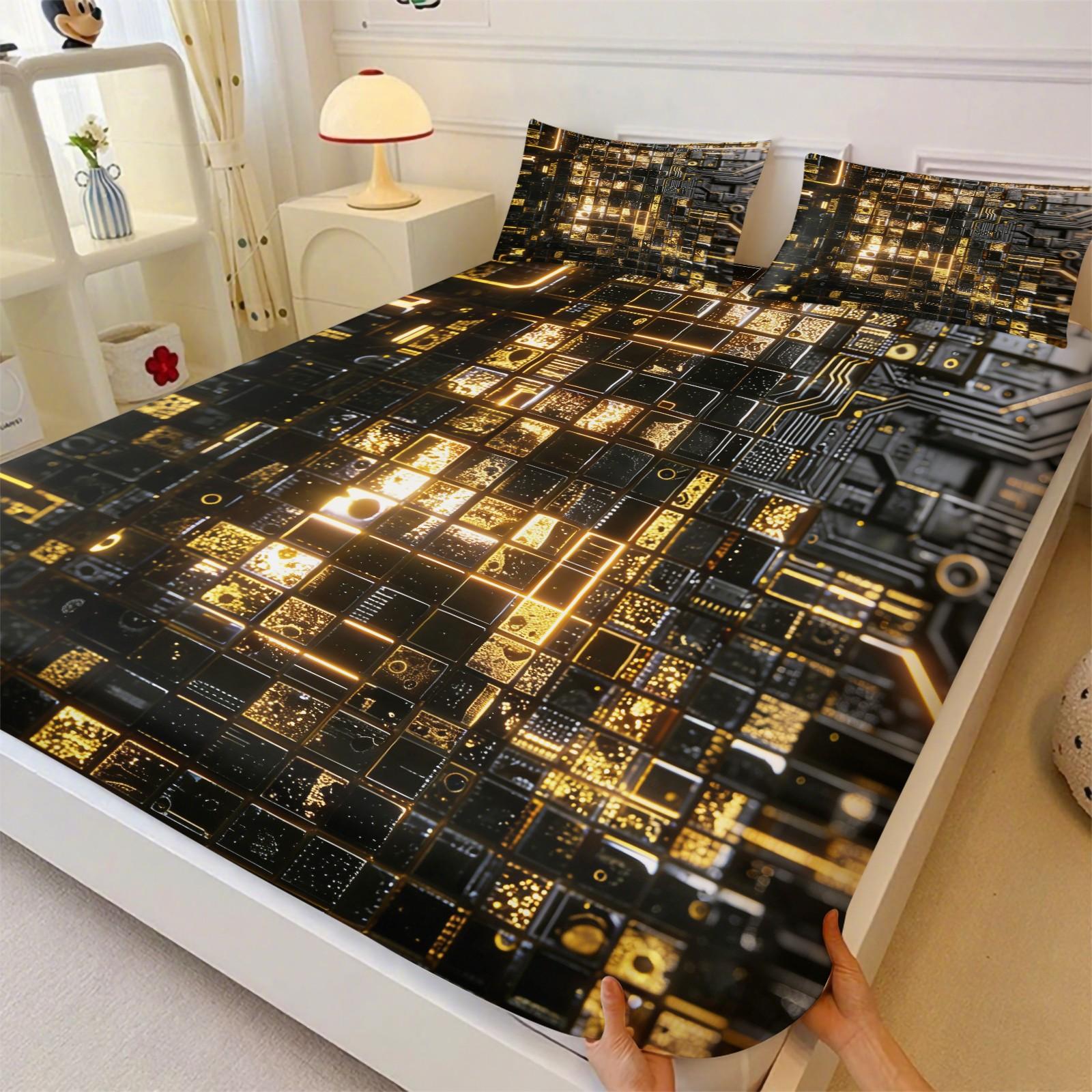 Deep Sea Neon Cube 3D Visual Fitted Sheet Set & 2 Pillowcases No Core, Blue Metallic or Glass Reflective Textures Square Matrix Blocks Design, Soft Wrinkle-Resistant, Futuristic Bedroom Decor, Gift Choice