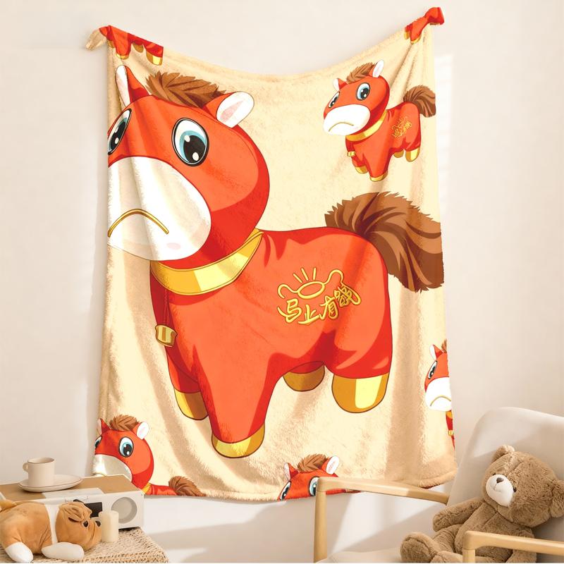 Cute Bitter Horse Theme Flannel Blanket, Large Size, Soft Lightweight Warm, Perfect for Bed Sofa Office Camping Travel Gift