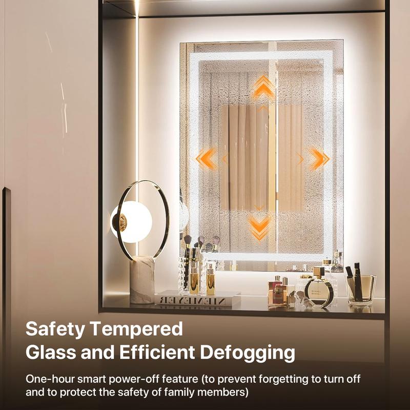 GLITGATE LED Bathroom Mirror With Lights Stepless Dimmable Brightness 3-Colors options Anti-Fog Memory function Smart Mirror Touch Sensor LED Mirror For Bathroom Wall Mounted Horizontal/Vertical