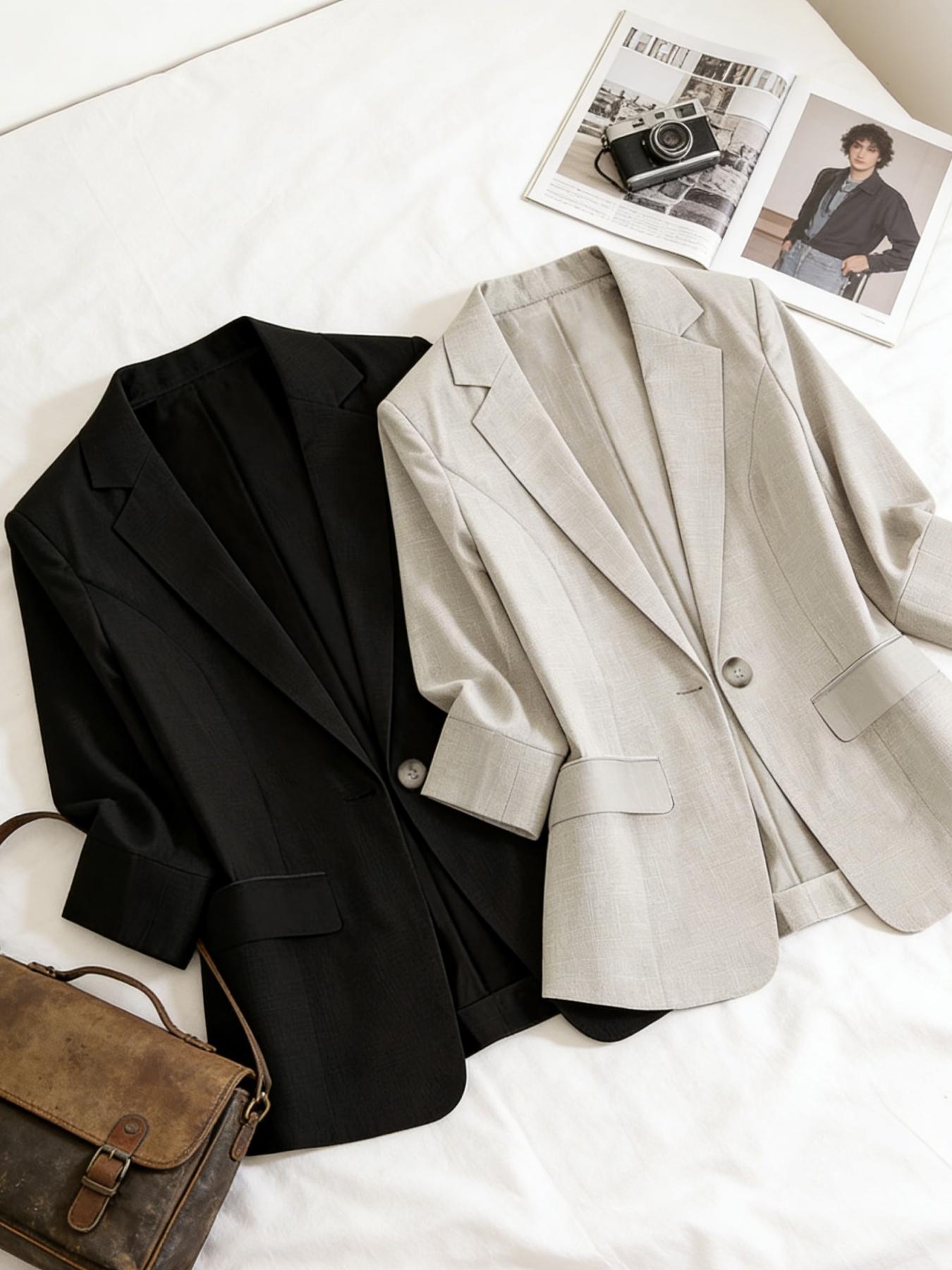 Women's two-piece plain color single-breasted double-pocket half-sleeve five-point suit jacket, suitable for spring and summer suitable for commuting outfit.