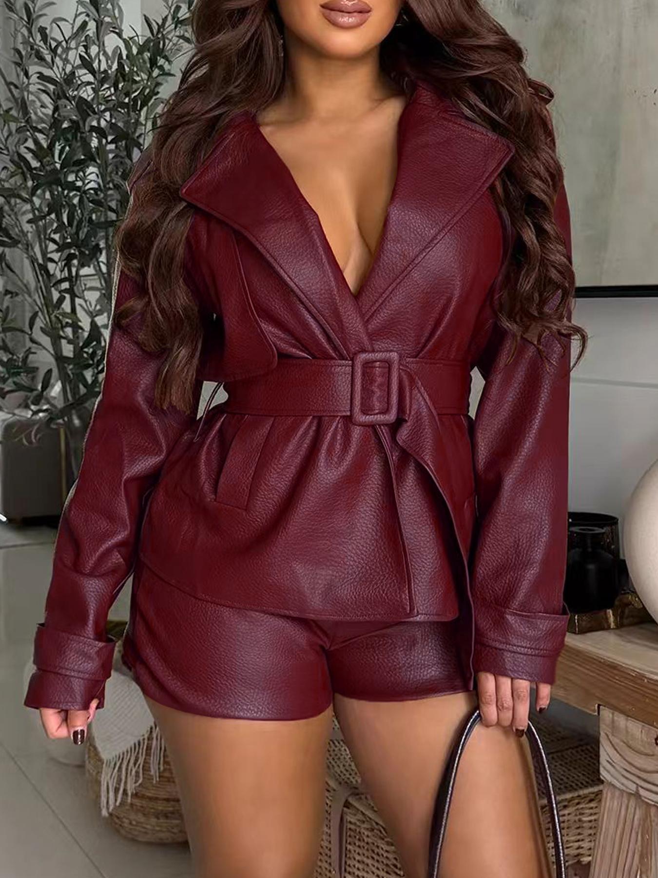 Women's Deep V PU Leather Jacket with Wide Waist Belt, Stylish Casual Outerwear for All Seasons, Perfect for Daily Wear & Trendy