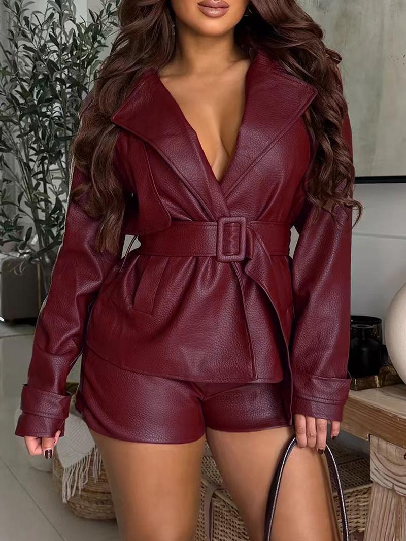 Women's Deep V PU Leather Jacket with Wide Waist Belt, Stylish Casual Outerwear for All Seasons, Perfect for Daily Wear & Trendy