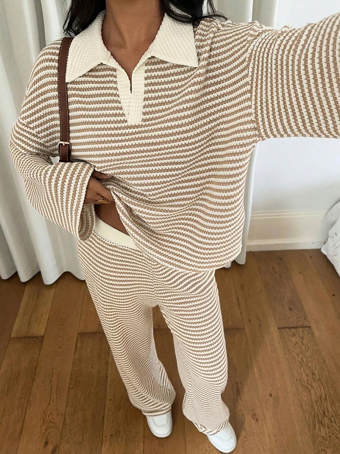 Women's 2pcs Set Loose Striped V-Neck Drop Shoulder Long Sleeve T-Shirt &Elastic Waist Striped Pants, Brown, Casual Sets For Women, Pajamas Set, Sleepwear Loungewear, Casual Sets For Women Brown Two Piece Set Women Women's 2pcs Set Loose Striped V-Neck Drop Shoulder Long Sleeve T-Shirt &Elastic Waist Striped Pants, Brown, Casual Sets For Women, Pajamas Set, Sleepwear Loungewear, Casual Sets For Women Brown Two Piece Set Women