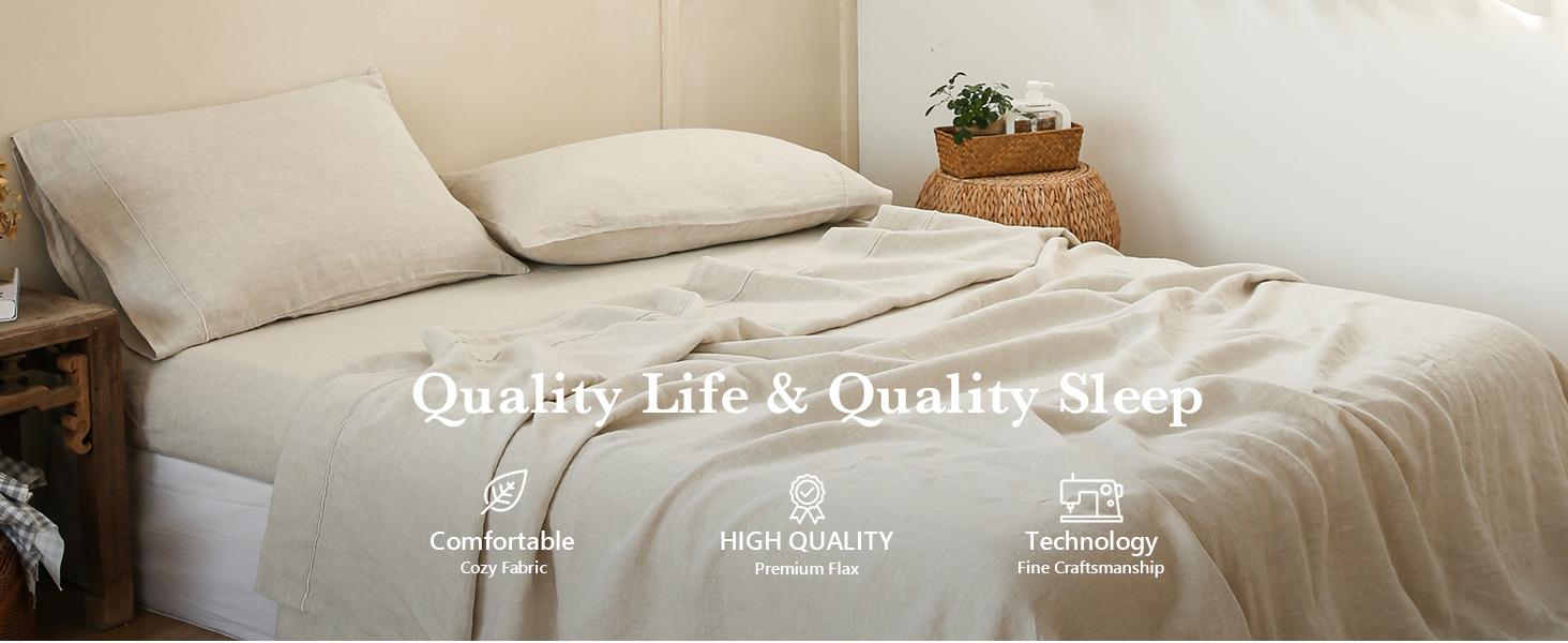 Simple&Opulence 100% Washed Linen Sheet Set, Natural France Flax Bed Sheet, Breathable,Ultra Soft,Farmhouse Bedding, Flat Sheet, Fitted Sheet, Pillowcase