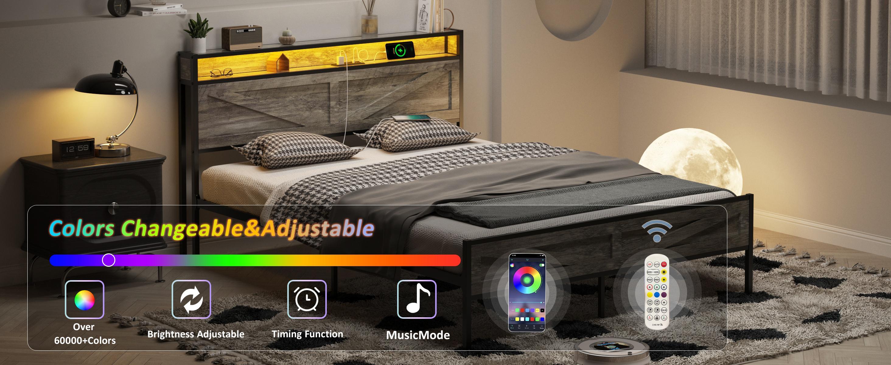 Vabches LED Bed Frame with Charging Station, Platform Metal Headboard Storage & USB Ports Outlets, Farmhouse Lights for Bedroom, Noise Free