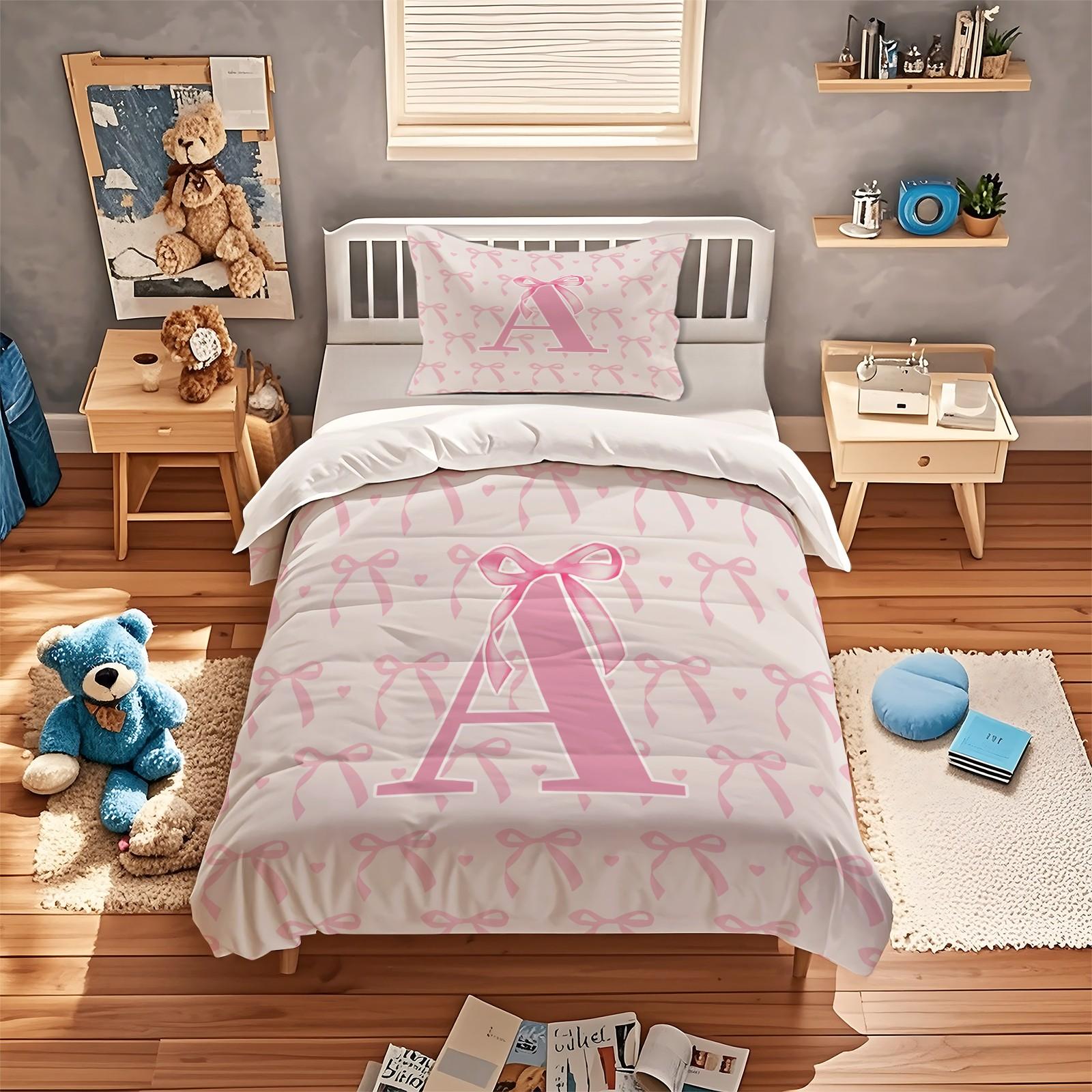 2/3 PCS Pink Romantic Ballet Bow Full Alphabet Initial Duvet Cover Set, Coquette Aesthetic Bedding with Zipper Closure for Easy Removal, Ideal Housewarming Birthday Christmas Gift, No Filling