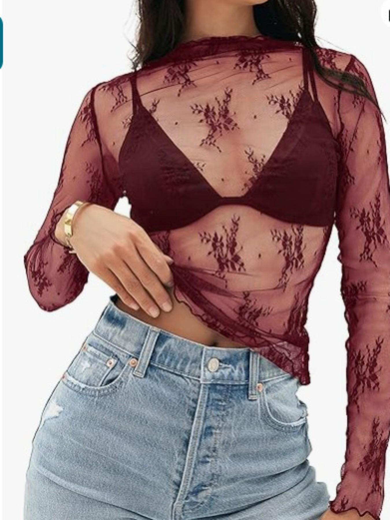 Women's Mesh Top, Transparent Lace Layered Medium Round Neck Sheer Shirt, Elegant and Stylish Design for Daily Wear