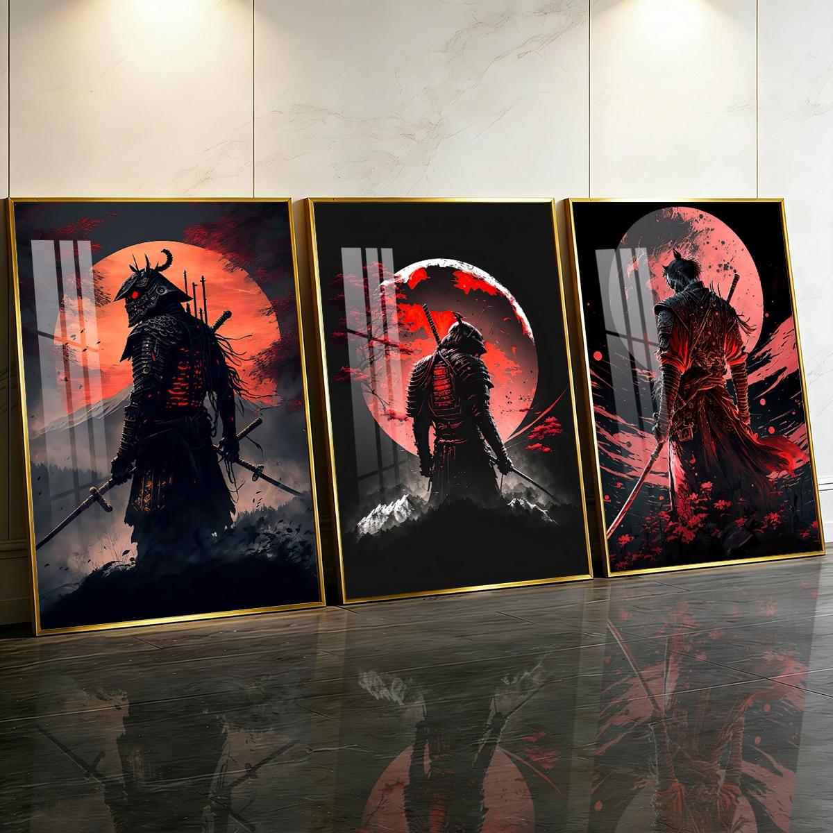 3 Counts Aluminum Alloy Framed Painting, Samurai Warriors Under Red Moon Artwork, Home Decoration For Living Room, Bedroom, Office, Restaurant, Hallway Wall Decor, Odorless Print Artwork, Luxury Perfect Gift For Friends And Family