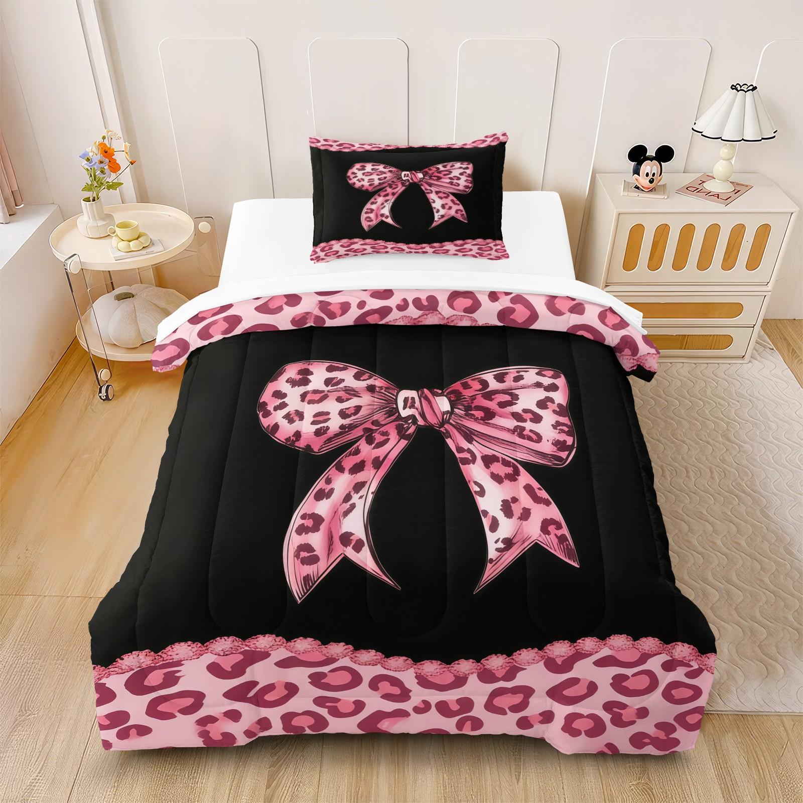 Leopard Print Bow Pattern Bedding Set, Soft Bedding Sets Adult Bedroom Decoration, Suitable For Giving To Friends And Family, As a Moving And Holiday Gift, Including 1 Blanket And 1 Or 2 Pillowcases Without Pillowcases