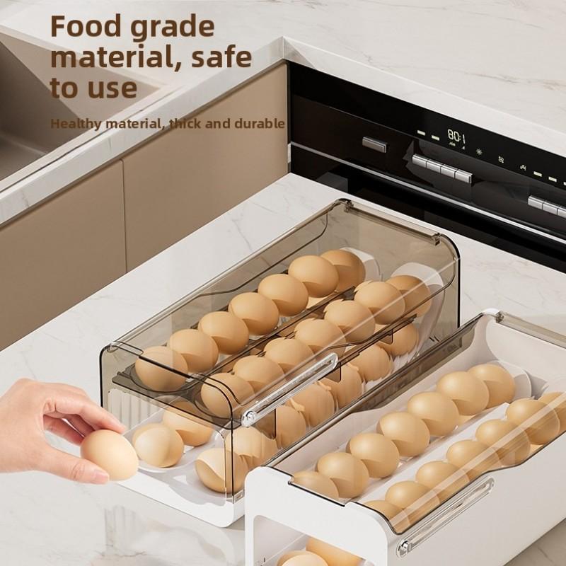 Two-Row Dual-Layer Transparent Egg Storage Box, Space-Saving Easily Rolling Egg Rack, Durable Food Grade Material Refrigerator Organizer, Organized Kitchen Utensils
