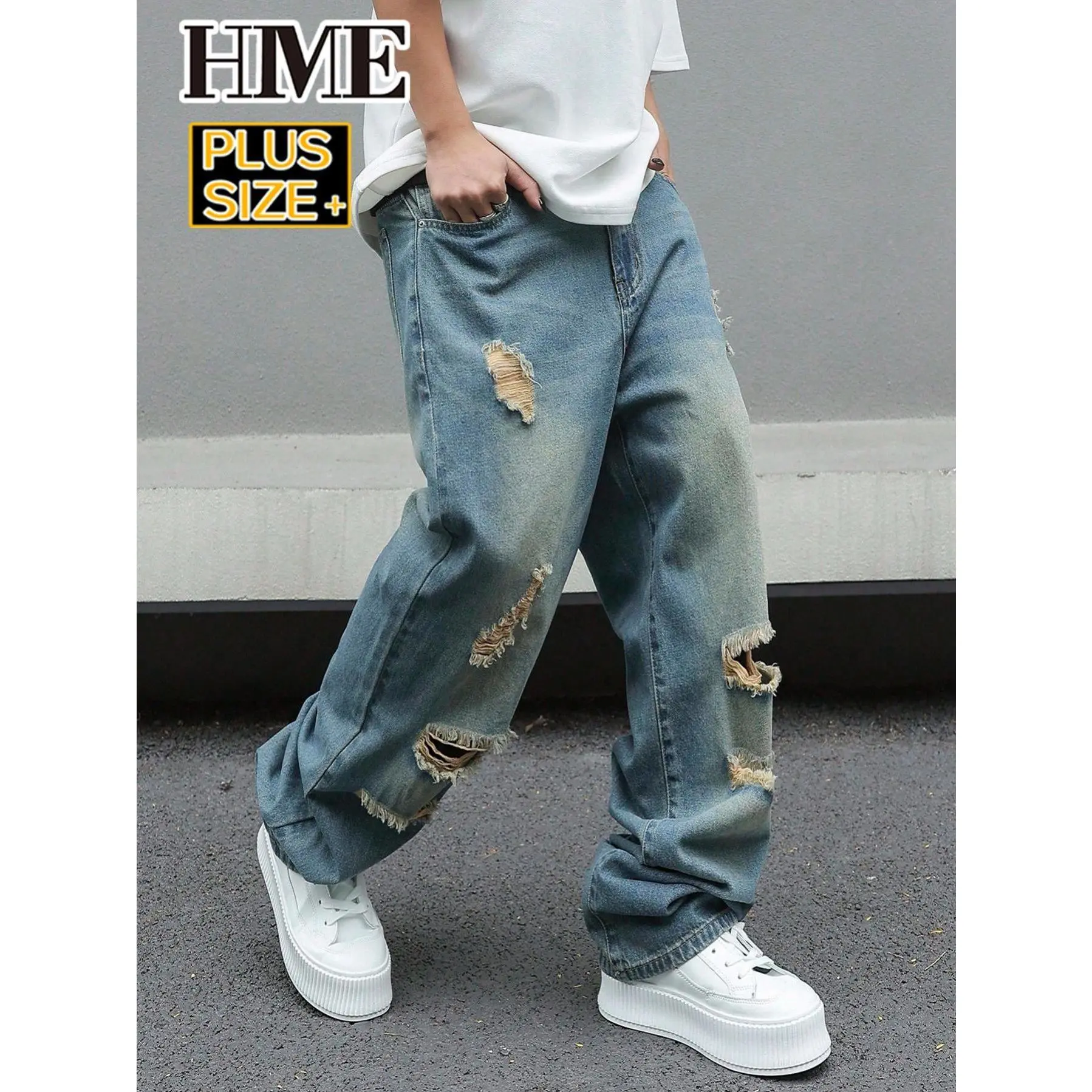 Men's Plus Size 100% Cotton Distressed Baggy Wide Leg Jeans, Vintage Washed Ripped Loose Denim Pants for Streetwear Hip Hop Casual Daily Wear