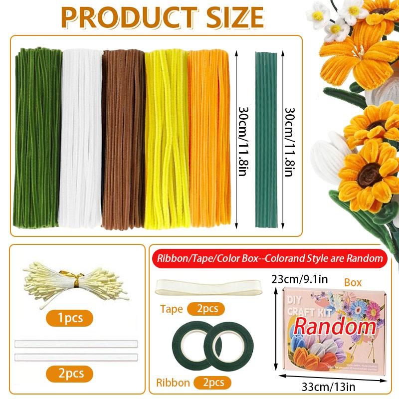 400pcs/set DIY Floral Pipe Cleaner Craft Kit, 4 Mixed-Color Furry Stems for DIY Flower Making, Includes Floral Wire, Tape, Stamens and Ribbon, Ideal for Birthdays, Weddings, Graduations and Other Occasions