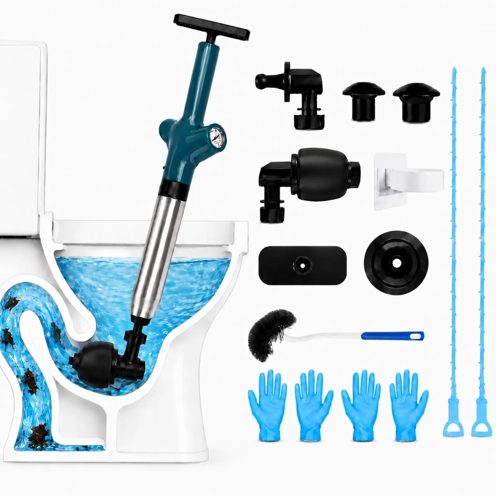 Bathroom Plumbing Repair Kit - Handheld Plunger, Drain Cleaner, Gloves for Efficient Drain Fixing, Bathrooms