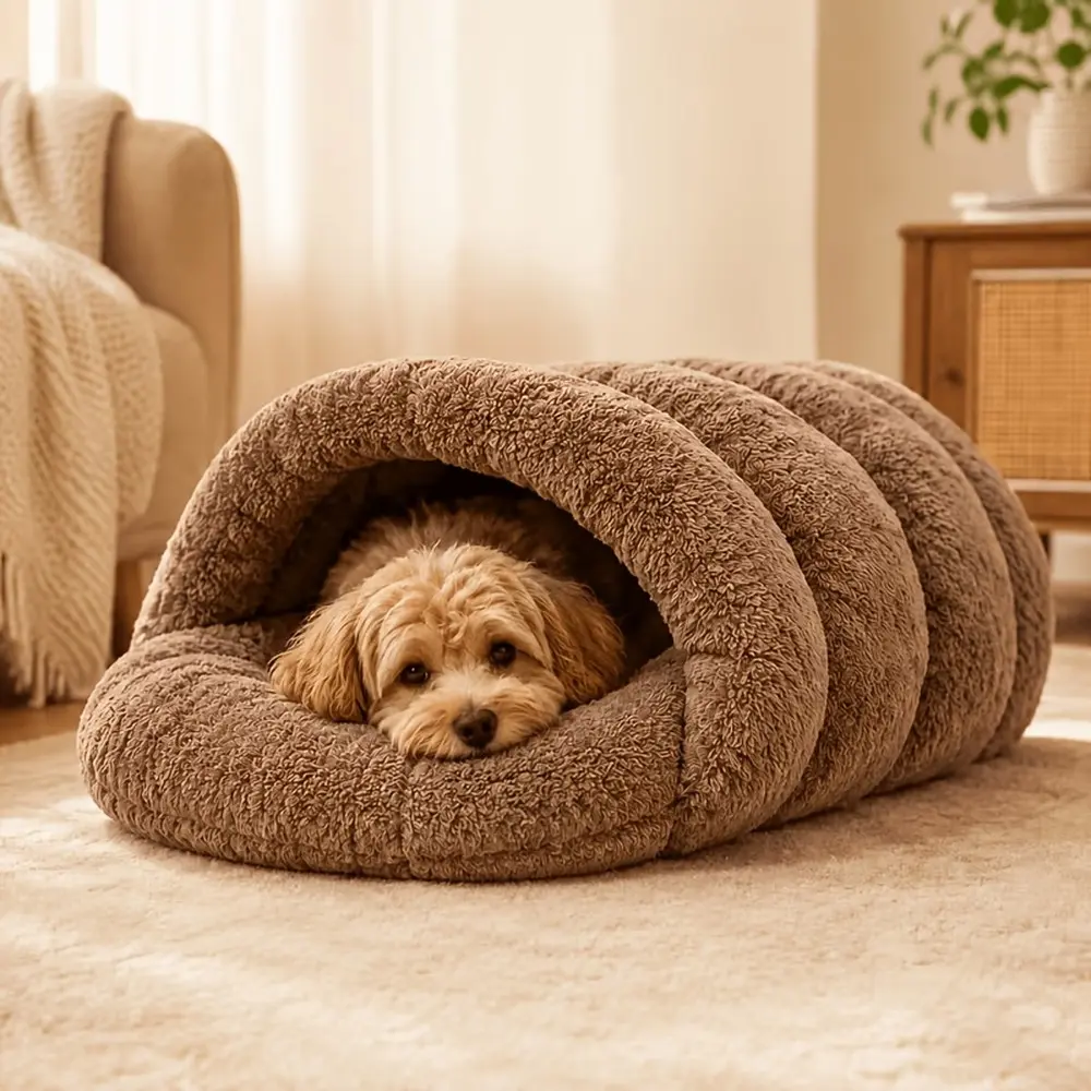 Cute Plush Semi-Enclosed Pet Bed with Raised Edge, Soft Warm Cozy Sleep Nest for Small & Medium Dogs and Cats, Indoor Use