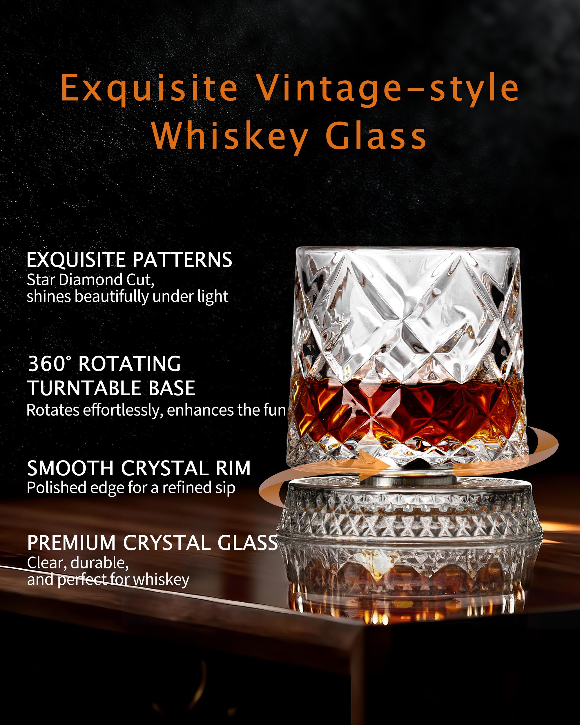 360° Spinning Whiskey Glass Set – 2 Crystal Glasses with Ice Ball Molds & Gift Box | Stress-Relief Bourbon Scotch Glassware  for Wine Whiskey Lovers, Any Occasion,Perfect for Halloween, Trick-or-Treat Parties, Spooky Home Décor & Holiday Gifts