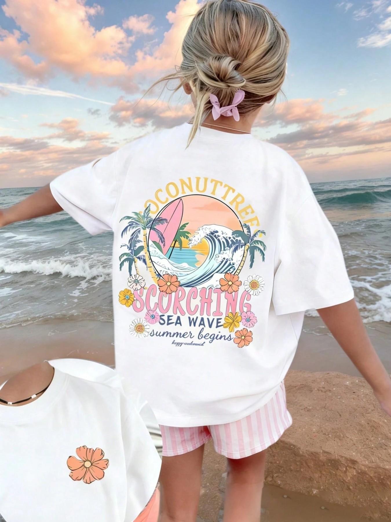 White "Coconut Tree Sea Wave" Kids Oversized Tee - 2026 Trending Dopamine Summer Vacation Outfit, Soft Cotton Perfect for Beach & Daily