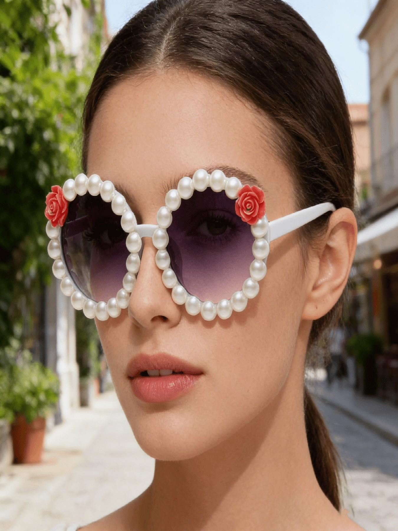 Pearl Trim Water Drill Flower Sunglasses, Gradient Lens, Perfect for Wedding, Party, Beach, Music Festival, Daily Wear, Date Night