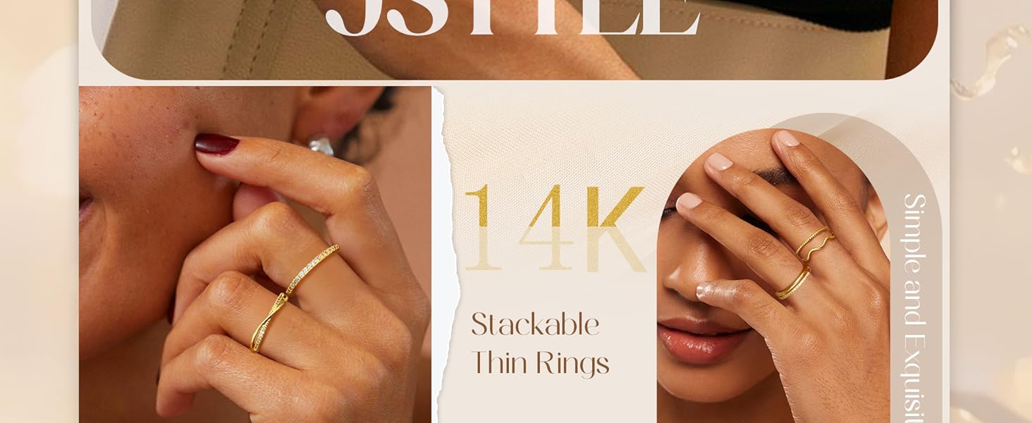 Gold Stackable Rings for Women Non Tarnish Open Adjustable Rings Cubic Zirconia Thin Thumb Silver Ring Set 14K Gold Filled Pinky Knuckle Stacking Set - Dainty Statement Promise Band Ring Sets