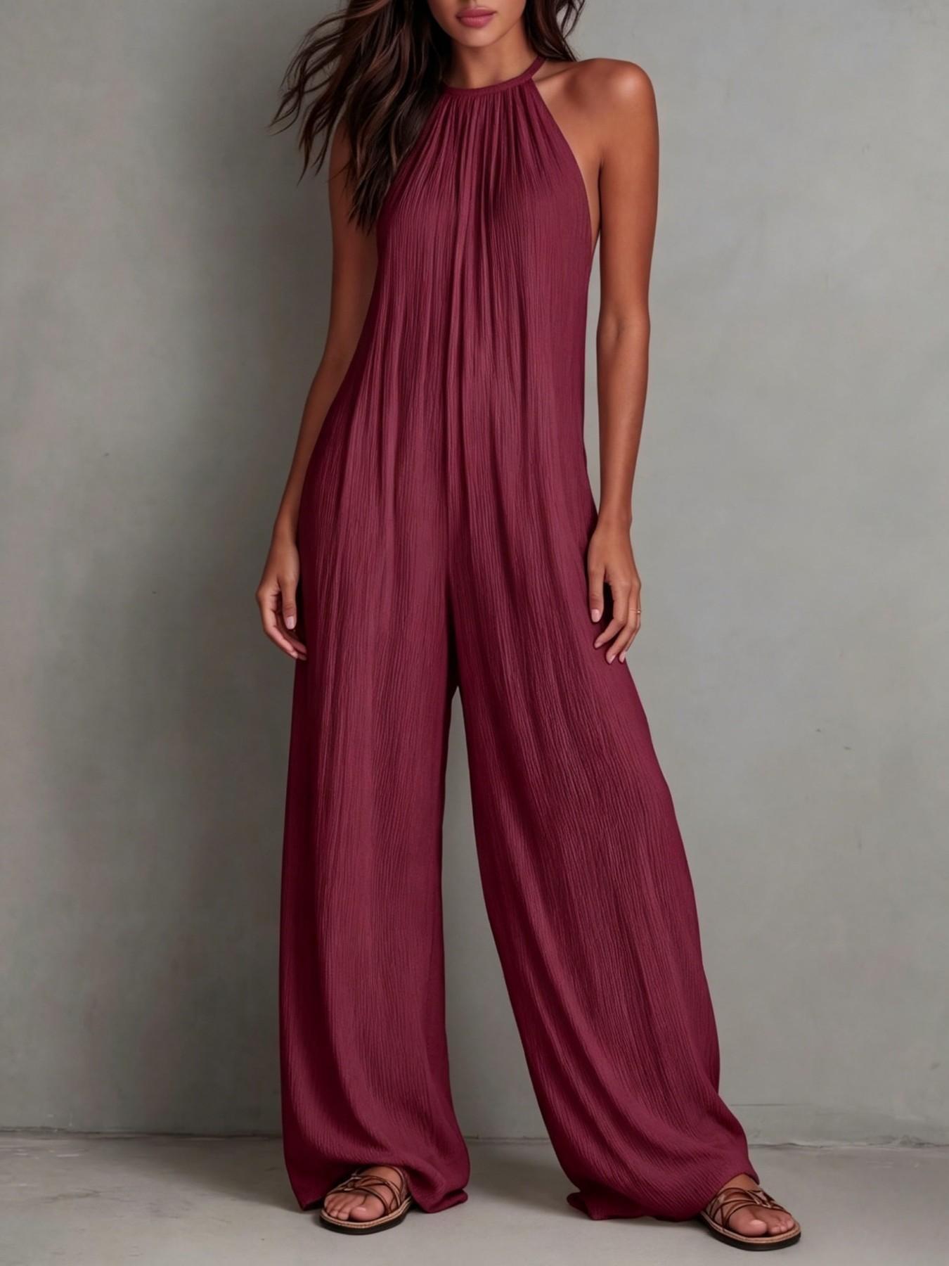 2026 New Fashion Halter Neck Sleeveless Solid Color Ruched Back Wide Leg Romper Jumpsuit, High-End Resort Style Casual Loose Fit Long Pants, Suitable for Work and Daily Outing