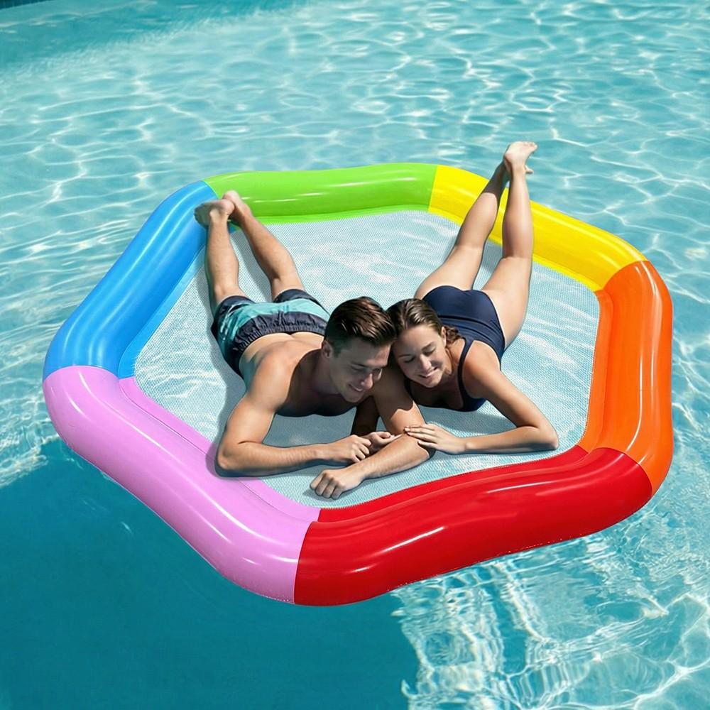 Large Hexagonal Mesh Inflatable Float Bed, 70" X 62" Summer Pool Float with Pillow, 4-In-1 Multi Purpose Inflatable Sunbathing Raft, Party Gift, Adult Double Use, Pool Floats Lounger, Pool Floater, Inflatable Water Lounger