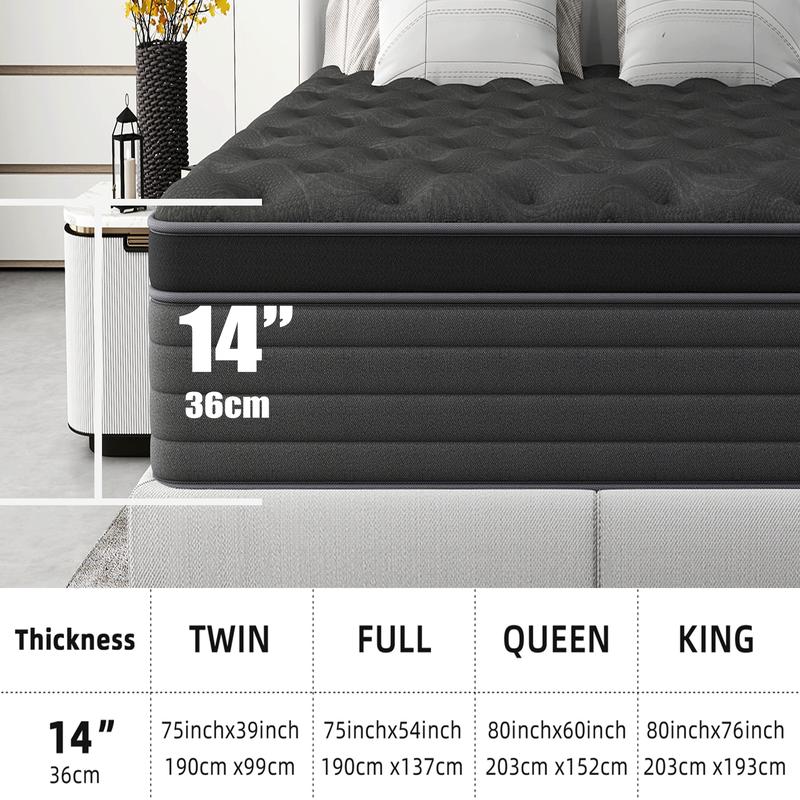 full size mattress 12-inch/14-inch black Mattress, colchones para cama Memory Foam, Pocketed Springs, Suitable for Homes and Hotels, Delivers a Comfortable and Supportive Sleeping Experience.Twin\King queen size mattress memory foam mattress