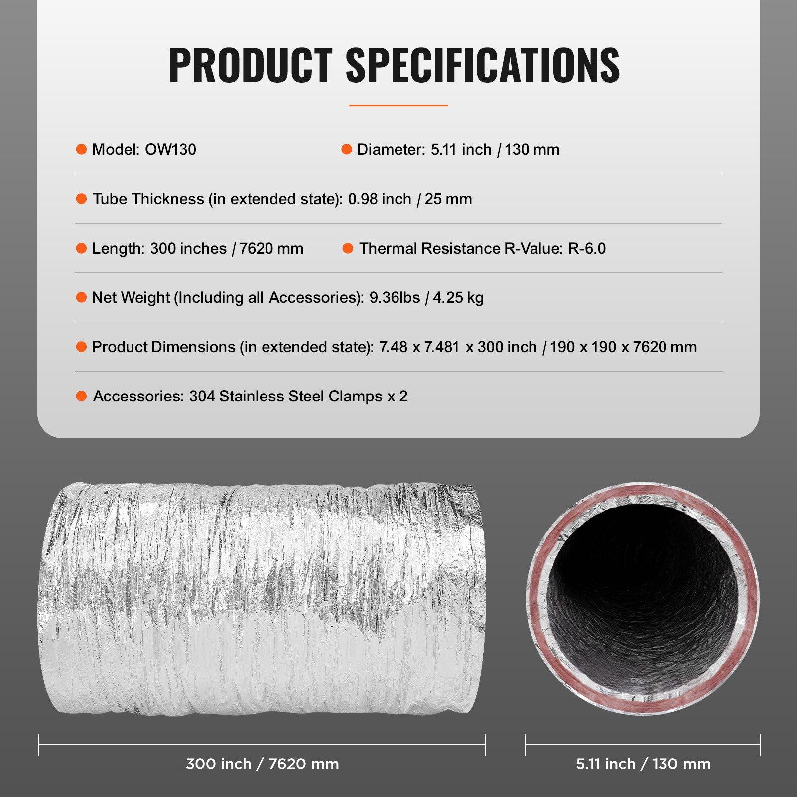 fathersdaygift  VEVOR Dryer Vent Hose, 5'' Insulated Flexible Duct 25FT Long with 2 Duct Clamps, Heavy-Duty Three Layer Protection for HVAC Heating Cooling Ventilation and Exhaust, R-6.0 Flame Resistance Value
