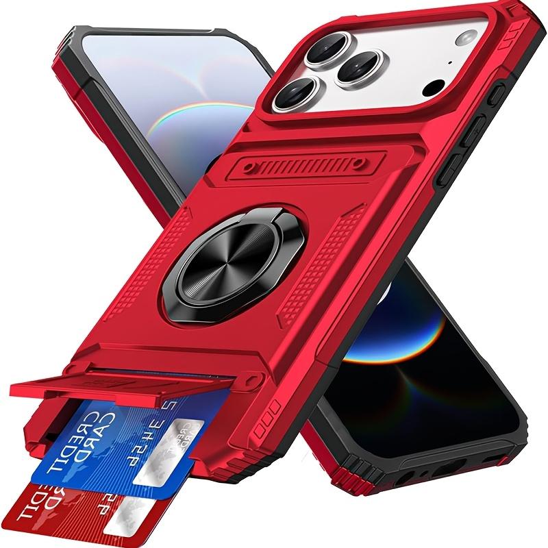Heavy-Duty Shockproof Hard Case for iPhone 13 14 15 16 E 17 Pro Max Plus, Hidden Dual Card Slot Design with Rotating Metal Stand, Card Holder Protective Cover