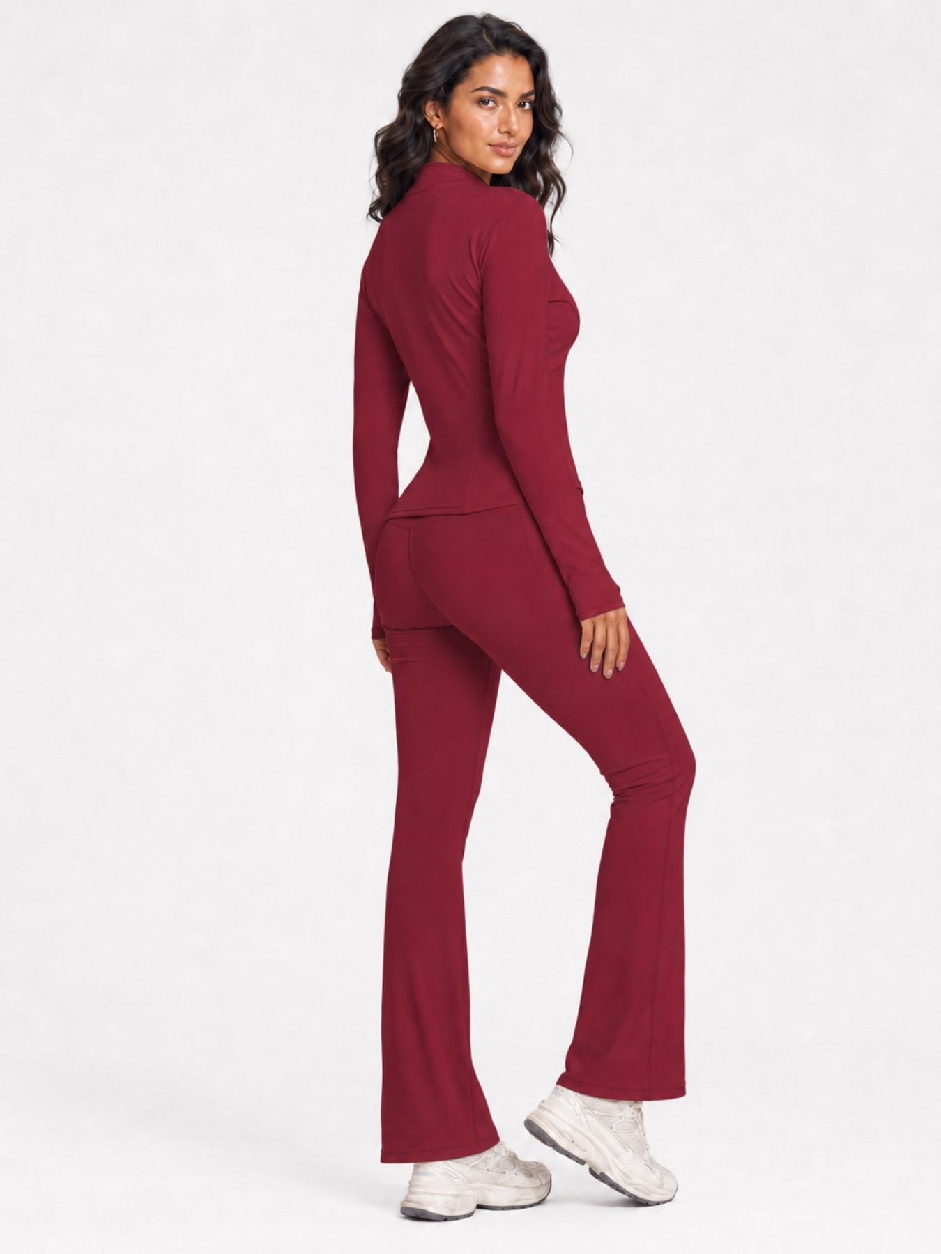 Women's Sport Set 2 Piece Outfits, Slim Fit High Stretch Activewear Running Zip Up Jacket and High Waist Flared Yoga Pants Tracksuit with Pockets Sportswear Set Athletic Clothes Set