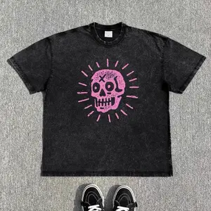Vintage Acid Wash Pink LOL Skull Graphic Tee Black Oversized Gothic Y2K Streetwear T Shirt Grunge Dark Aesthetic Heavyweight Cotton Unisex