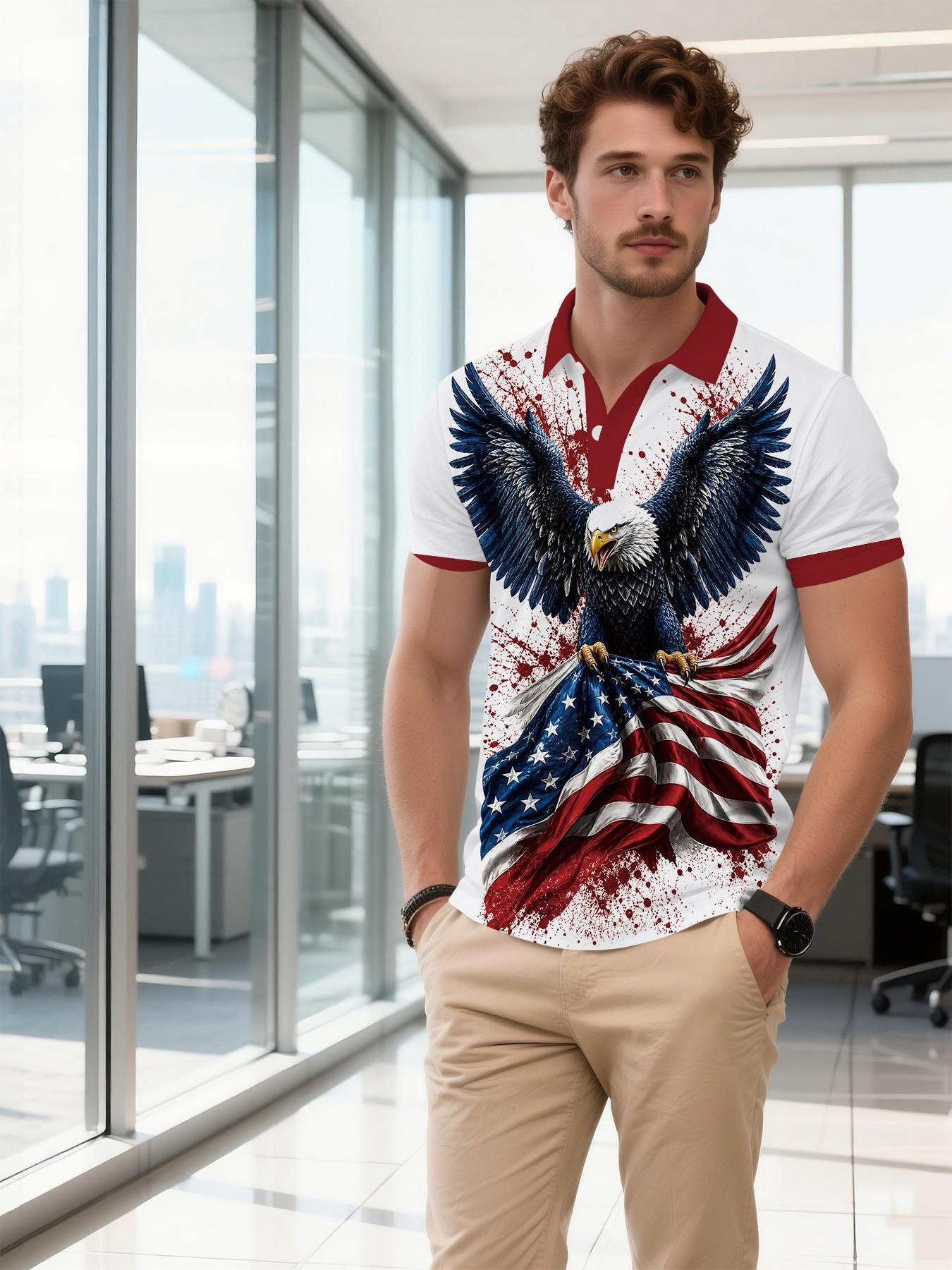bald eagle and star-spangled banner printed, Graphic Polo Shirts, Loose Polo shirt, celebrating the 250th anniversary of the founding of America, 3D digital printed Polo top, sports men's Polo shirt, suitable for daily wear and an ideal festive gift