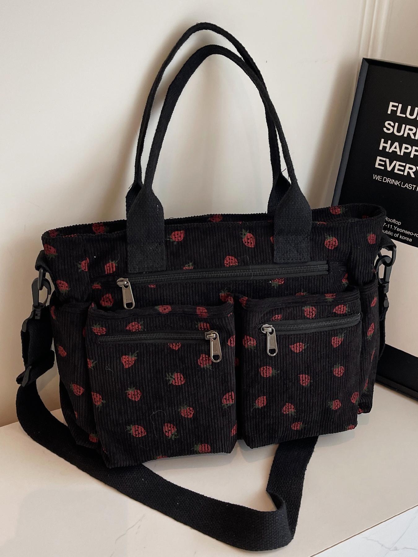 New Strawberry Print Large Capacity Multi-Pocket Tote Bag, Fashion Simple Shoulder Bag, Ideal for Students, Shopping, Commuting, Women's Backpack