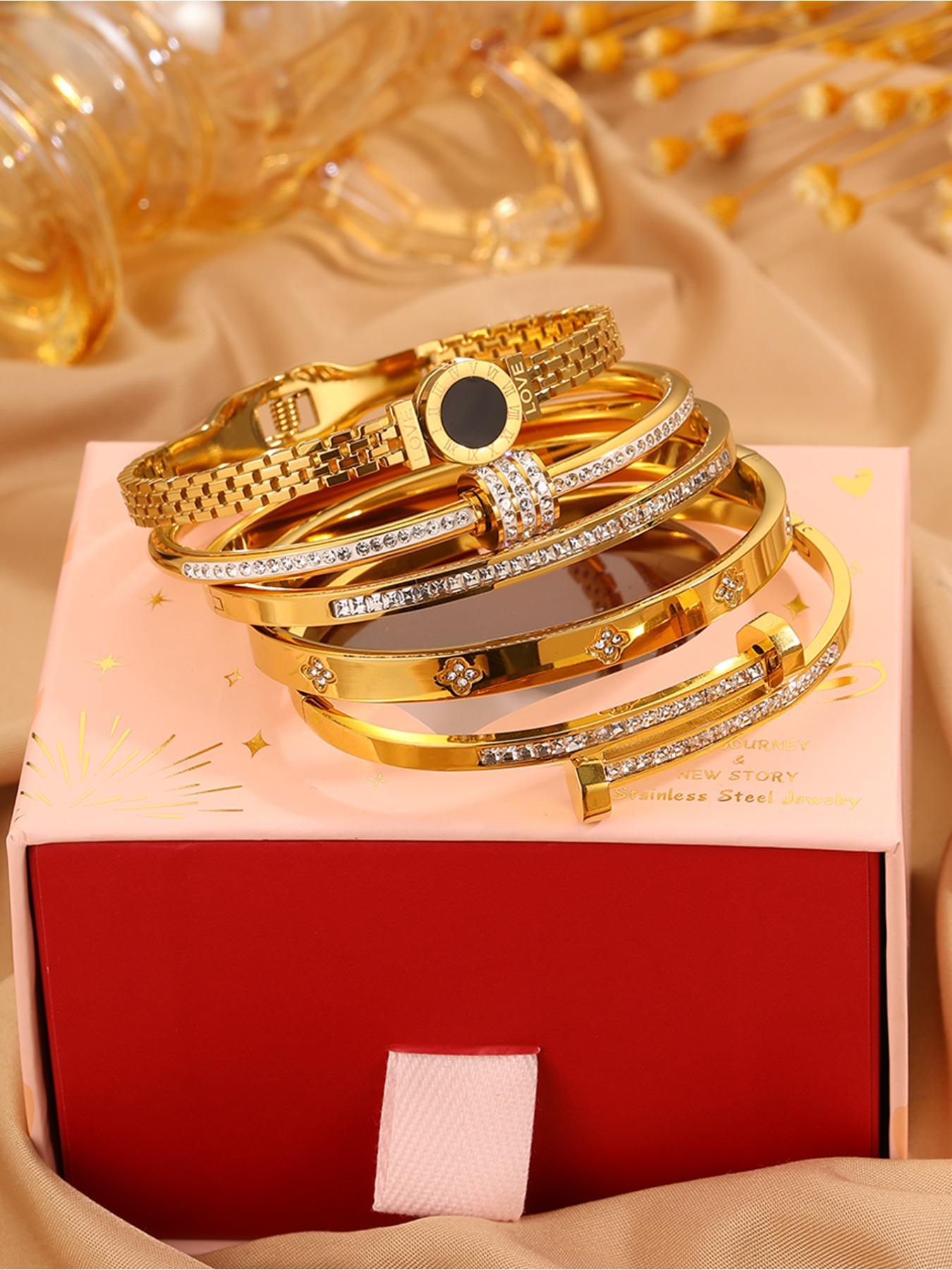 5-piece Set Of Unisex's Elegant and Luxurious 304 Stainless Steel Bracelets with Gift Box, High-quality and Fashionable Items for Christmas Gift, Birthday Gift Box and Stackable Bracelets