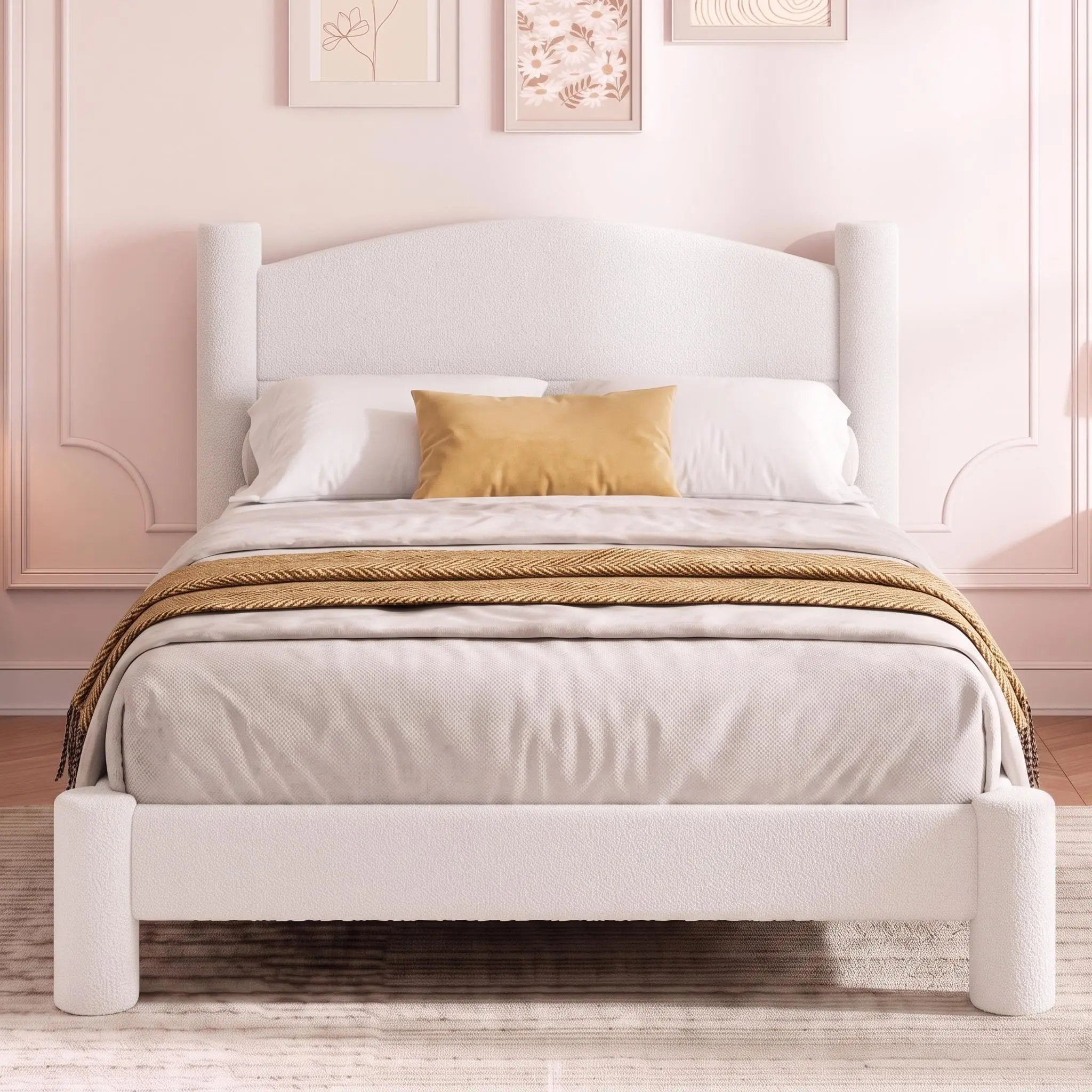 Garvee Twin-Full-Queen-King Soft Boucle Upholstered Cloud Platform Bed with Round Headboard, Cylindrical Legs, Reinforced Metal and Wood Build, Noise-Free, No Box Spring Needed, Easy Setup