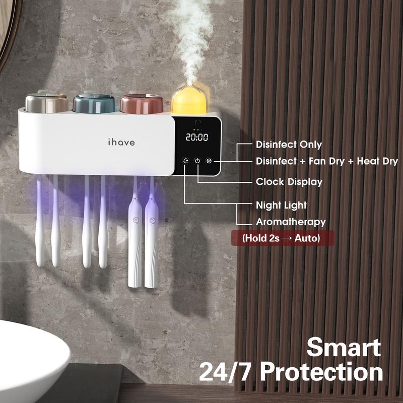 iHave Toothbrush Holders with UV Toothbrush Sanitizer & Aromatherapy Diffuser - Turbo Air Heated Drying, Night Light & Clock - Wall-Mounted Bathroom Organizer , Stylish Decor & Storage Home Goods Organizing
