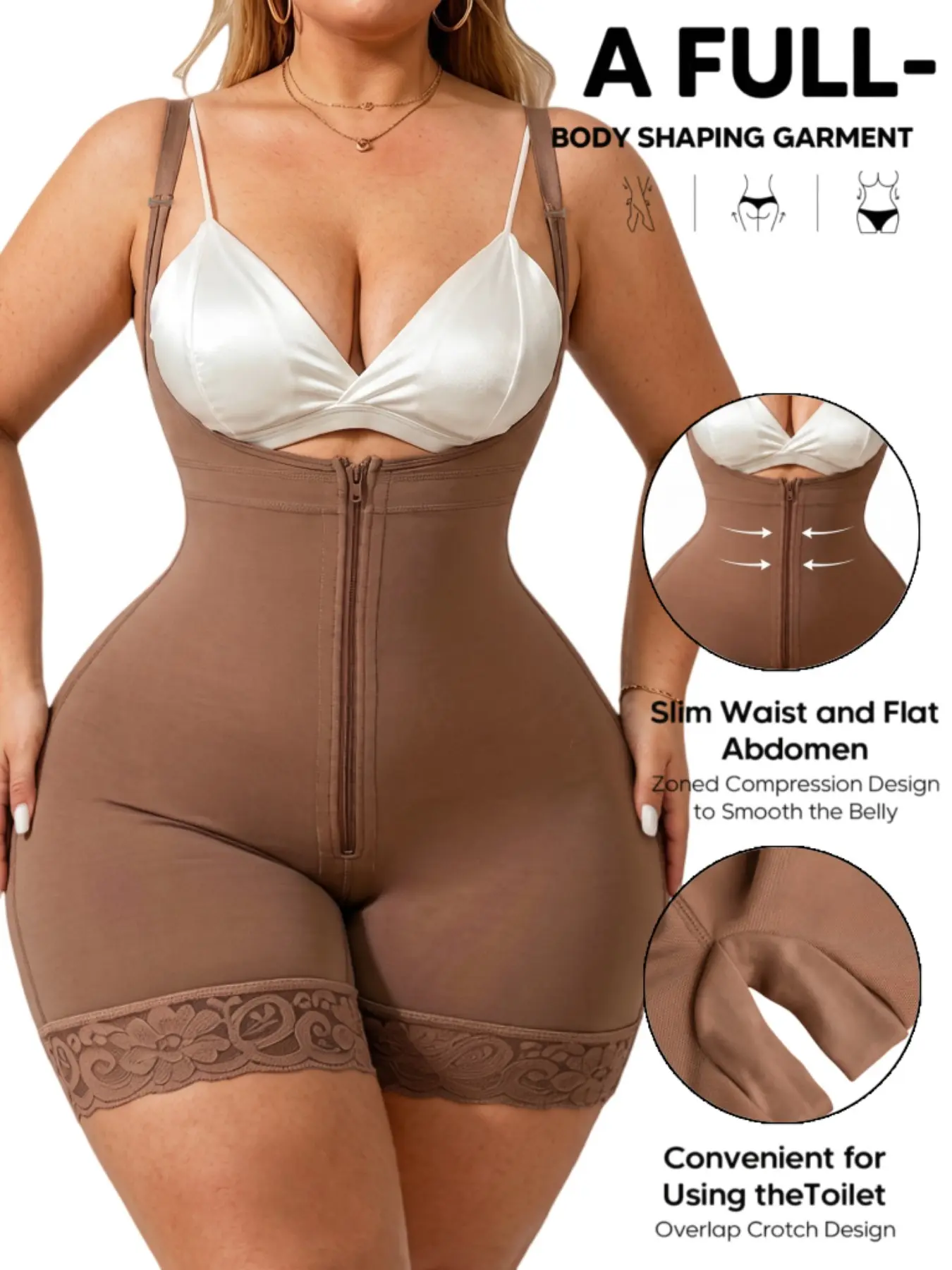 1 Count Women's Open Bust Sculpting Butt Lifting & Tummy Control Body Shapewear, Colombian Shapewear, Fajas, Zipper Closure Body Shaper, Lace Trim Shapewear Bodysuit, Adjustable Shoulder Strap Jumpsuit, Anti-Slip Grip Strip Bodysuit, Ideal For Daily Wear