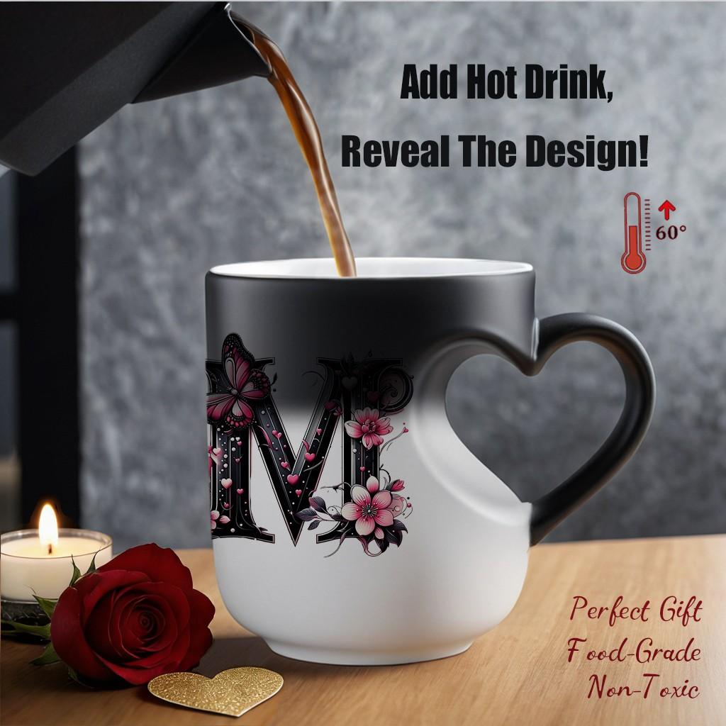 Butterfly Initials Heat-Sensitive Magic Mug, Ceramic Coffee Mug with Color-Changing Heart Design, Personalized Ceramic Cup Gift for Valentine's Day and Mother's Day