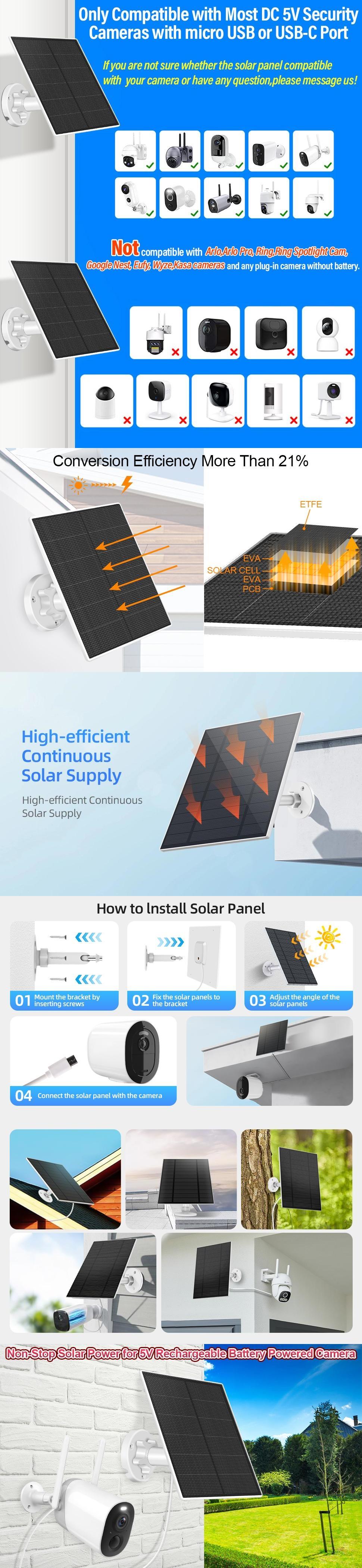 2 Pack Solar Panel for Security Camera, 5W USB Solar Panel Compatible with Rechargeable Battery Camera with Micro USB or USB-C Port,Camera Solar Panel with IP65 Waterproof, 360° Adjustable Bracket, 9.8ft Cable 2 Pack Solar Panel for Security Camera, 5W USB Solar Panel Compatible with Rechargeable Battery Camera with Micro USB or USB-C Port,Camera Solar Panel with IP65 Waterproof, 360° Adjustable Bracket, 9.8ft Cable