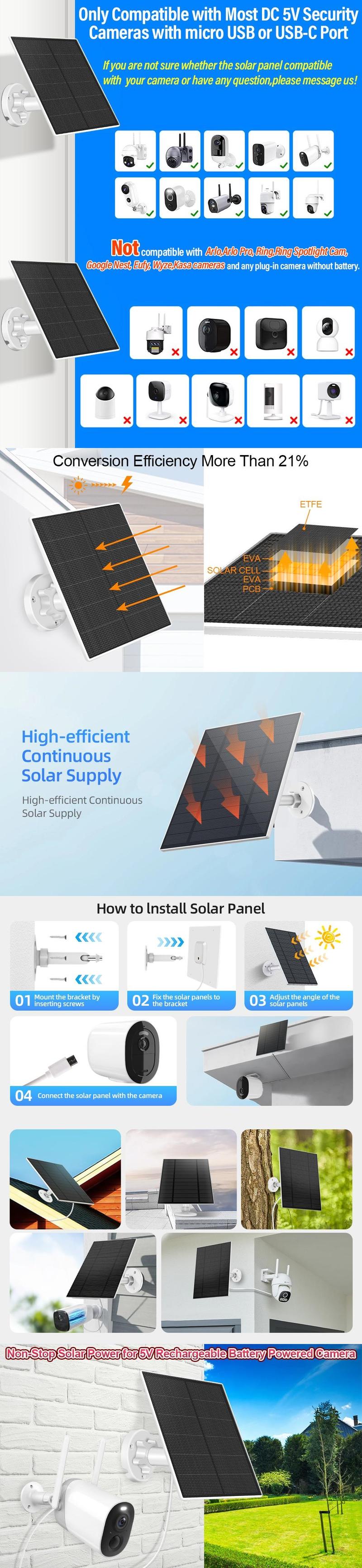2 Pack Solar Panel for Security Camera, 5W USB Solar Panel Compatible with Rechargeable Battery Camera with Micro USB or USB-C Port,Camera Solar Panel with IP65 Waterproof, 360° Adjustable Bracket, 9.8ft Cable