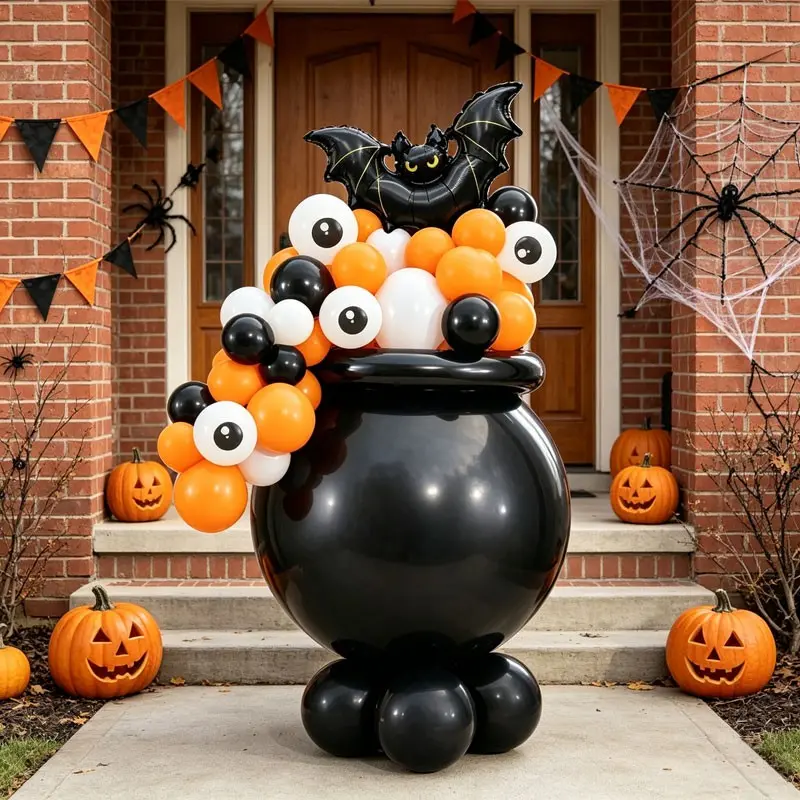 46-Piece Halloween Witch Cauldron Balloon Column Kit, Includes bat balloons as well as black, orange,white latex balloons，Suitable for Halloween-themed parties，Halloween Home Scene Decoration，Trick-or-Treat，Halloween Carnival，Witch-Themed Party