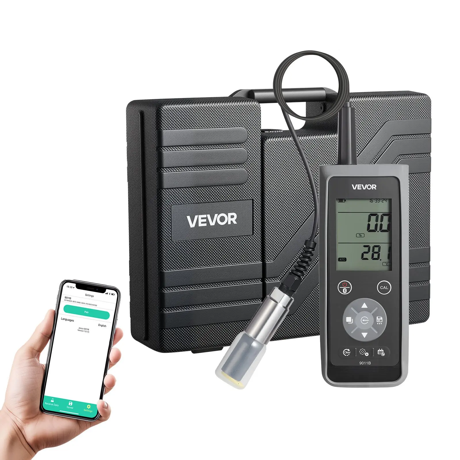 VEVOR Dissolved Oxygen Meter, 0.0-50.0 mg/L Measurement Range, Portable Dissolved Oxygen Tester Kit with 13.1 ft Electrode Cable, Bluetooth/USB Data Transfer, 750 Data Sets Storage, DO Meter for Pond